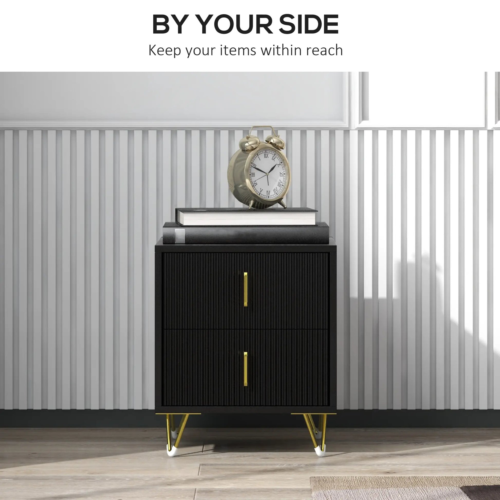 Modern Nightstand, 2 Drawers, Metal Legs, Bedroom Living Room, Black Bedside Tables at Gallery Canada