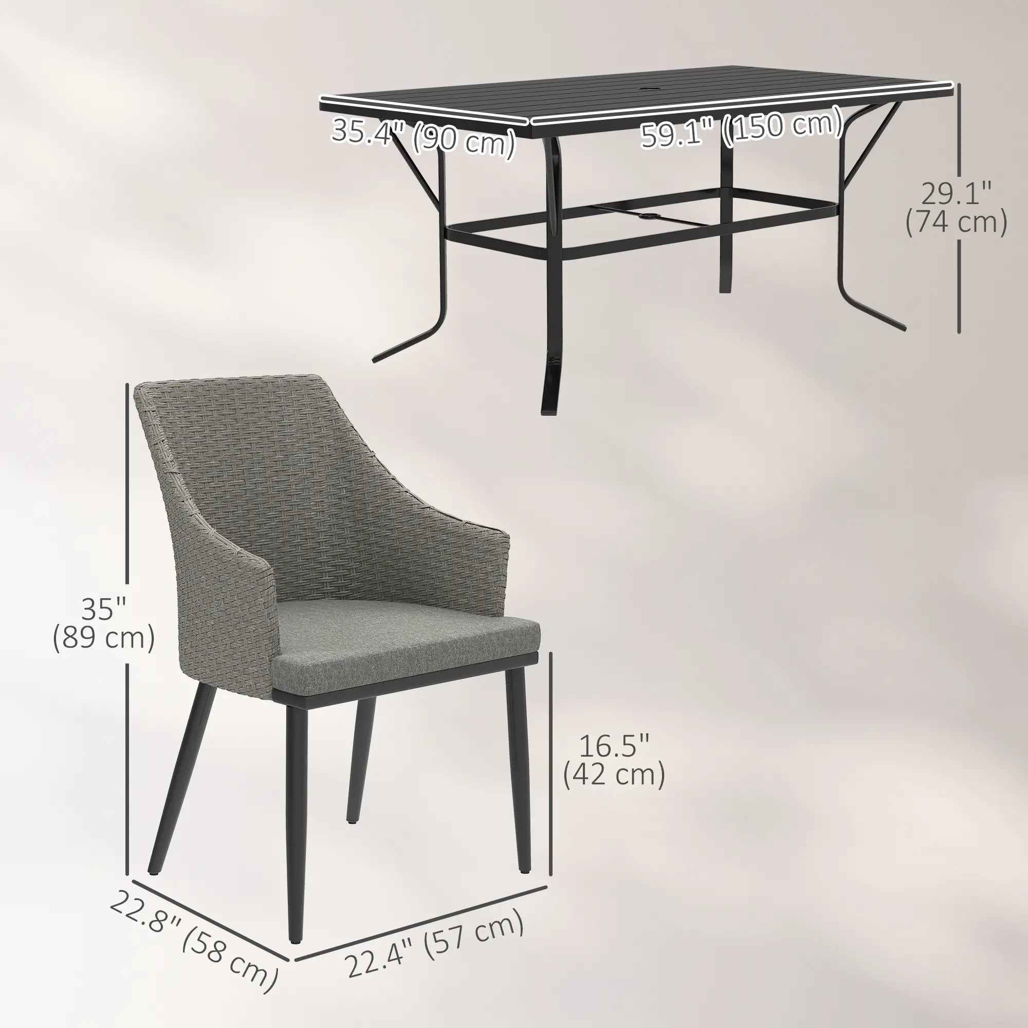 7 Piece Wicker Patio Set, Cushions, Umbrella Hole, Slatted Table Outdoor Dining Sets at Gallery Canada