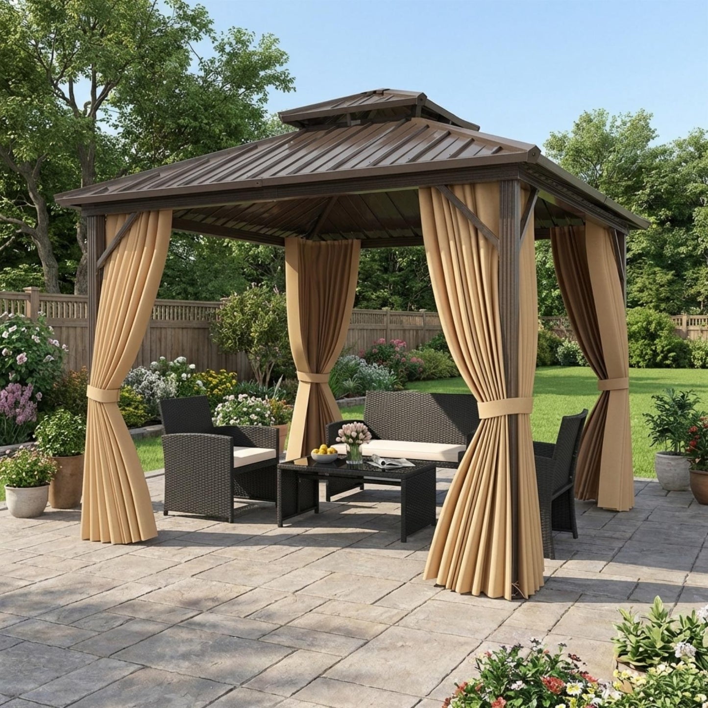Hardtop Gazebo, 4-Piece Rattan Lounge Set, Outdoor Living Bundle Outdoor & Patio Furniture Options at Gallery Canada