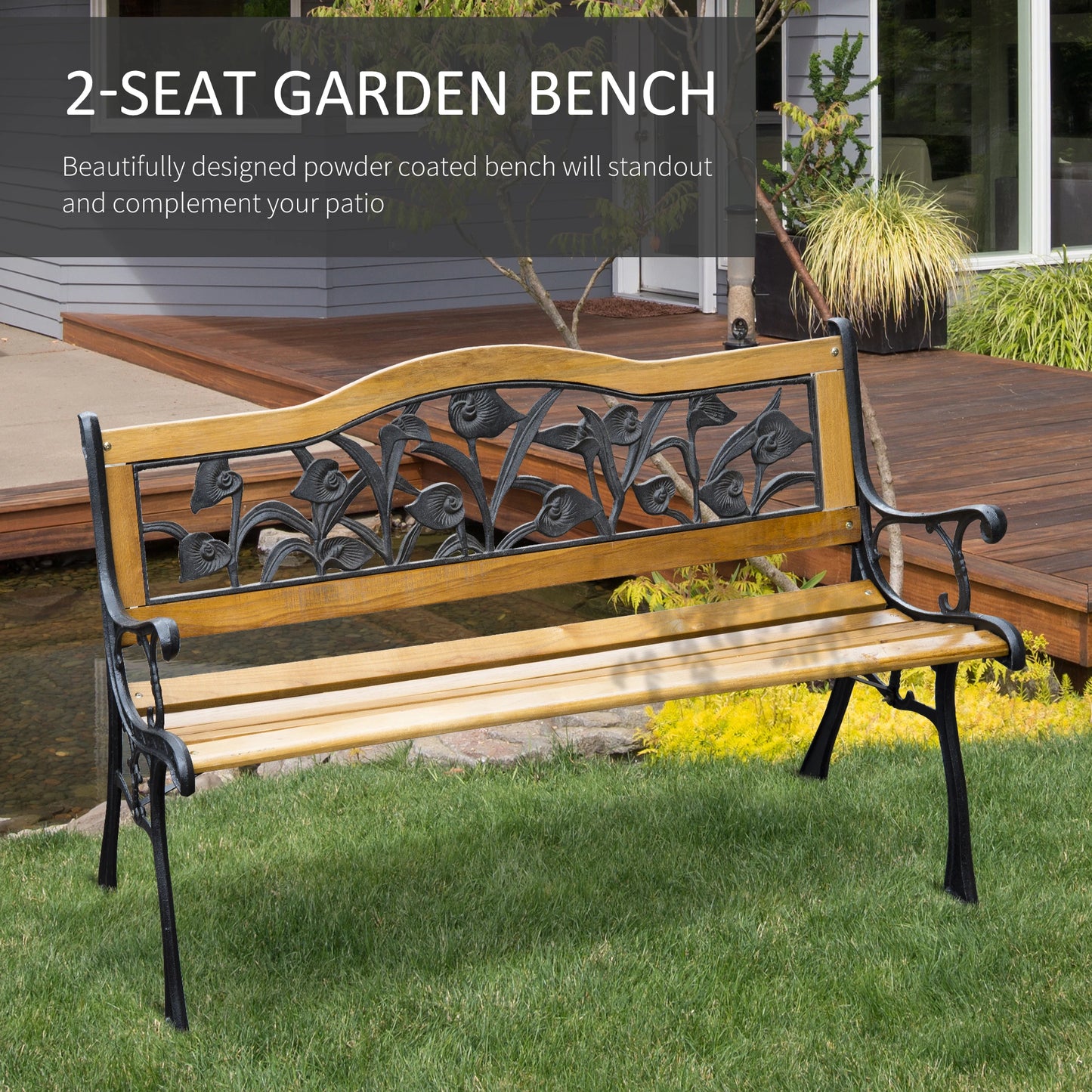 50" 2-Seater Garden Bench, Cast Iron Wooded Loveseat, Natural Outdoor Benches at Gallery Canada