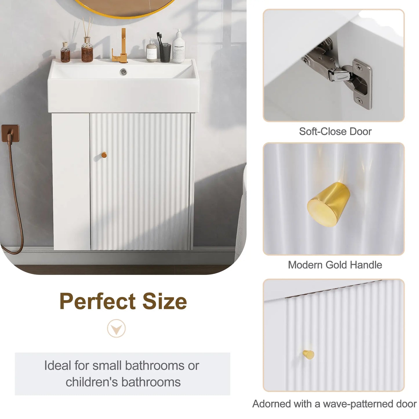 Floating Bathroom Vanity, Ceramic Basin, Side Storage, Rose Gold Handle, 21.5" L x 12" W x 26.5" H, White Sink Cabinets at Gallery Canada