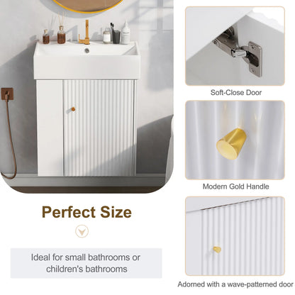 Floating Bathroom Vanity, Ceramic Basin, Side Storage, Rose Gold Handle, 21.5" L x 12" W x 26.5" H, White Sink Cabinets at Gallery Canada