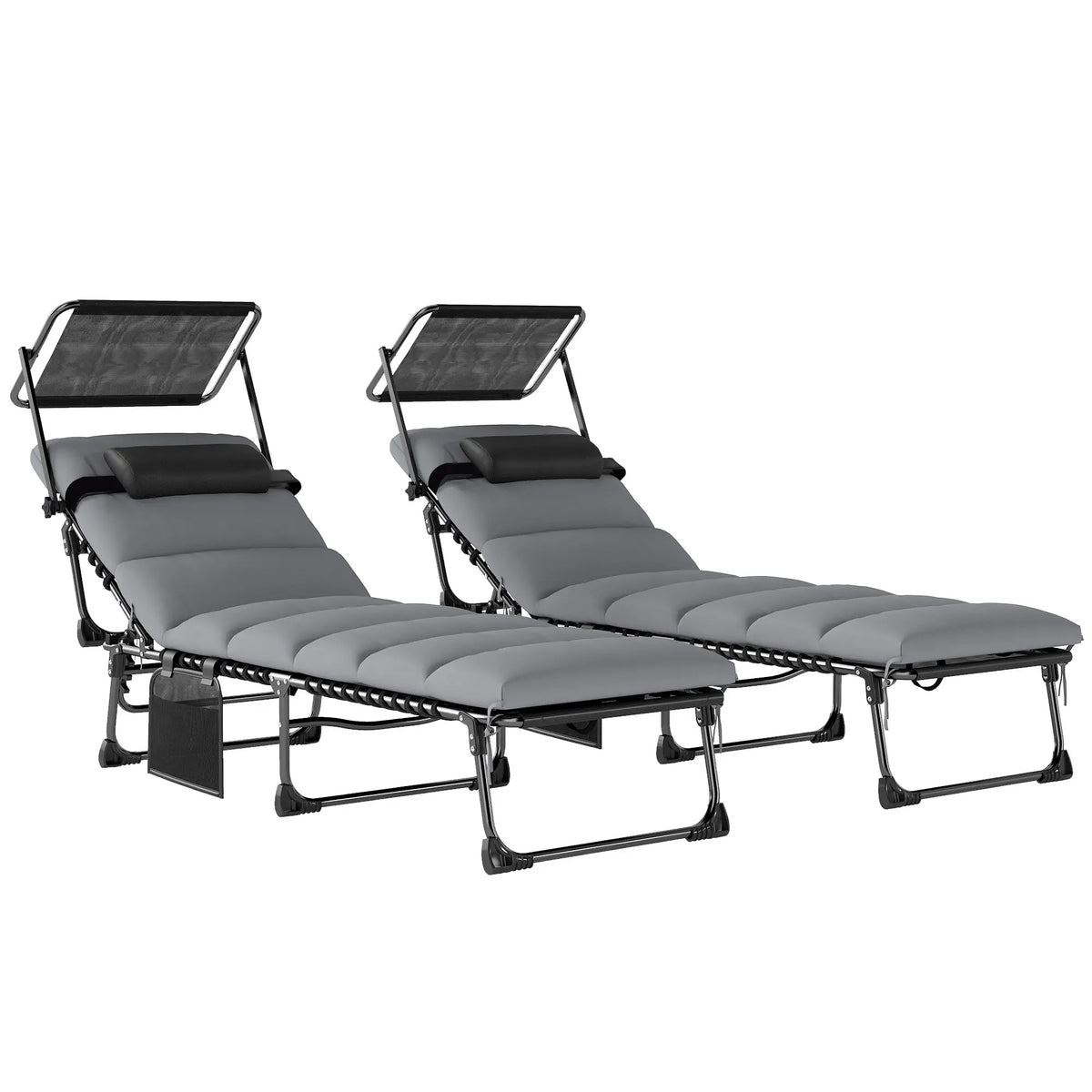 2 PCS Folding Chaise Lounge Chairs, Adjustable 5-Position, Cushion, Canopy, Side Pocket