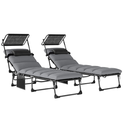 2 PCS Folding Chaise Lounge Chairs, Adjustable 5-Position, Cushion, Canopy, Side Pocket