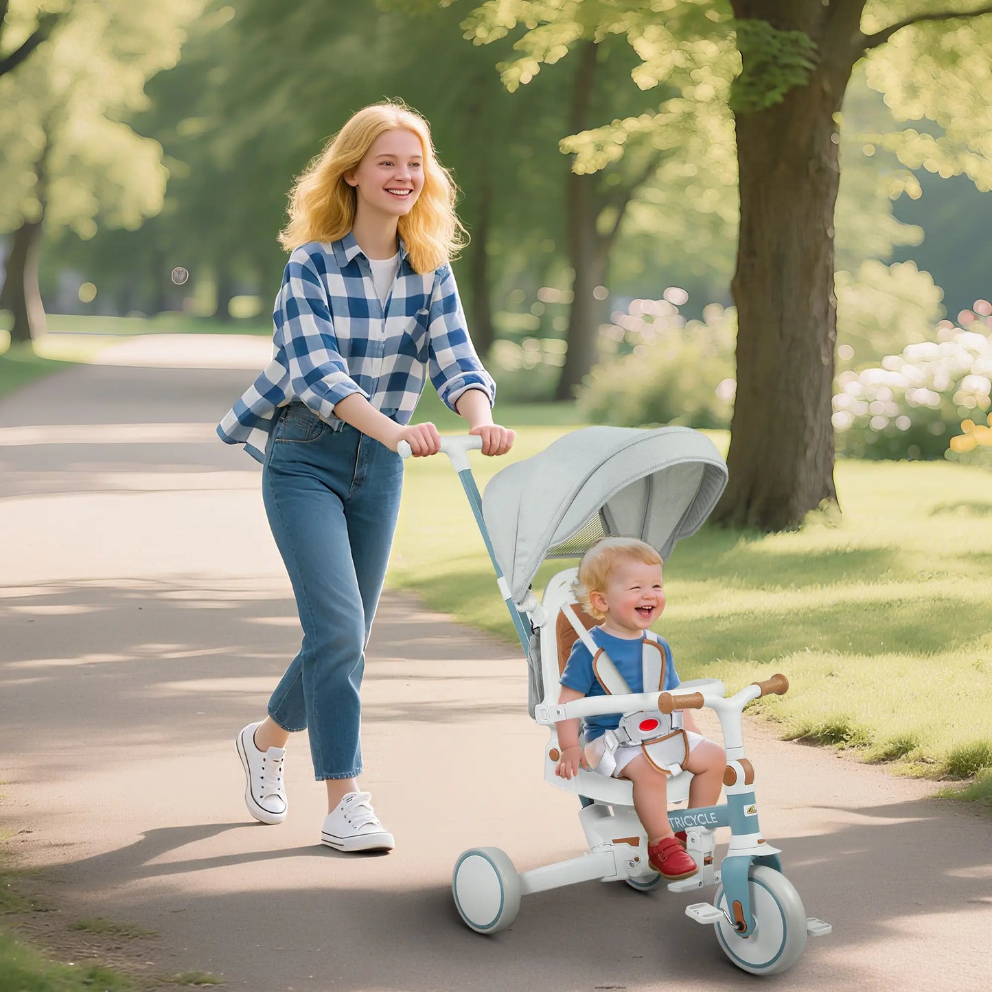 7 in 1 Toddler Tricycle, Adjustable Parent Handle, Canopy, Storage Bag, Brake, Blue Tricycles for Kids at Gallery Canada