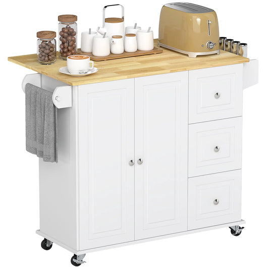 Kitchen Island with Drop Leaf, Rolling Cart, 3 Drawers, White Kitchen Islands & Kitchen Carts White, Natural at Gallery Canada