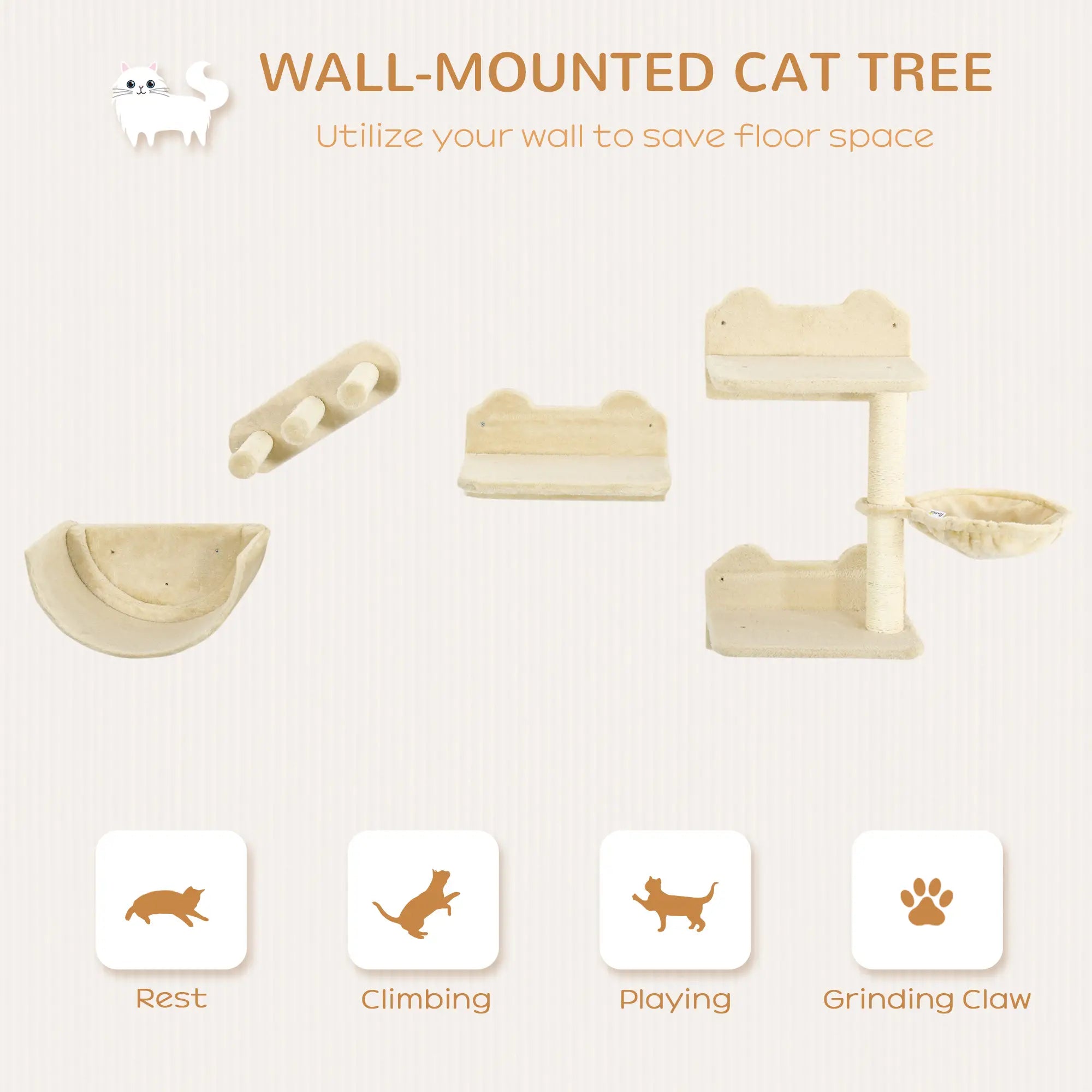 Cat Wall Shelves, 3PCs with Hammock, Scratching Post, Beige Cat Climbing Wall at Gallery Canada