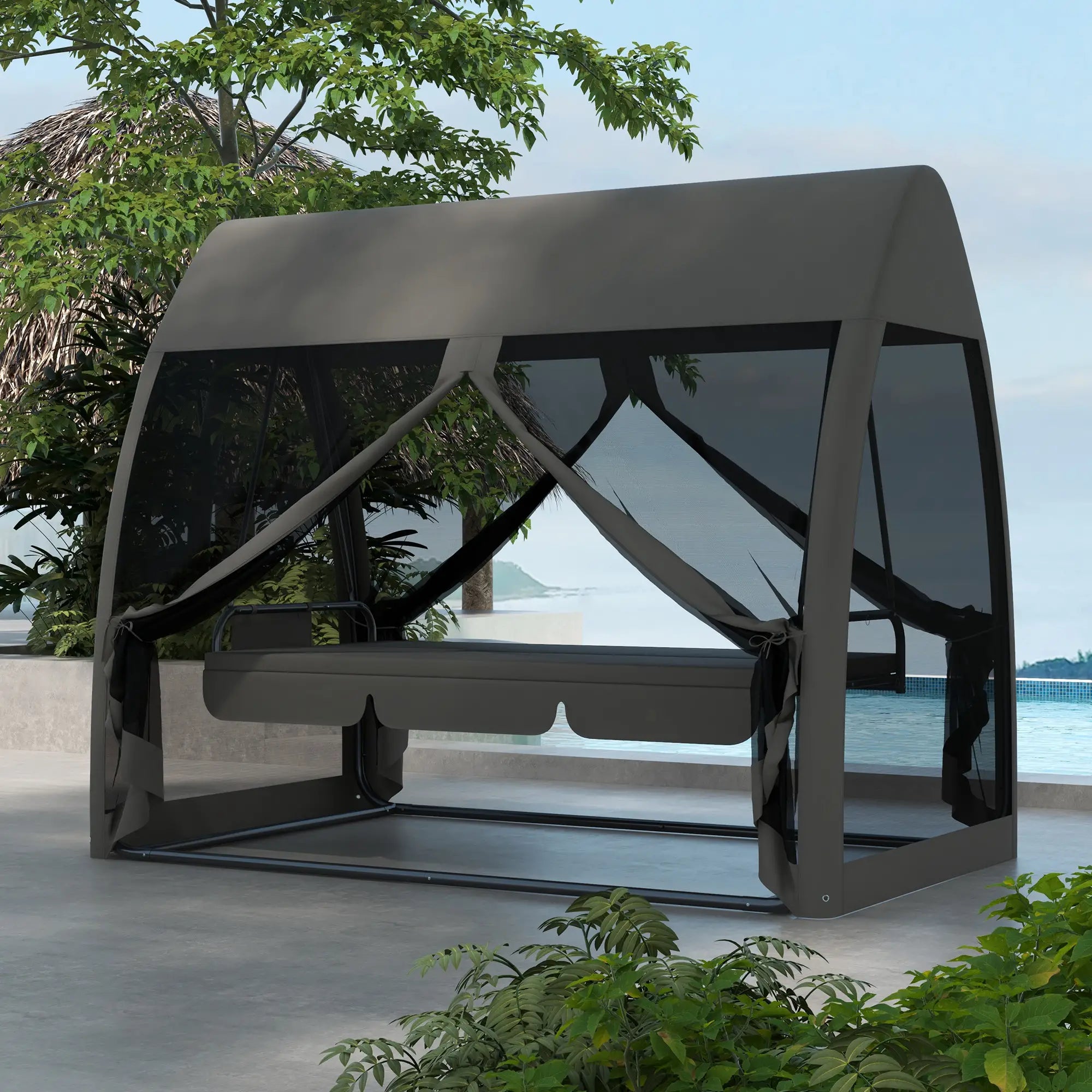 3-Seater Outdoor Swing Chair, Steel Stand, Canopy Netting, Dark Grey Porch Swings with Canopy at Gallery Canada