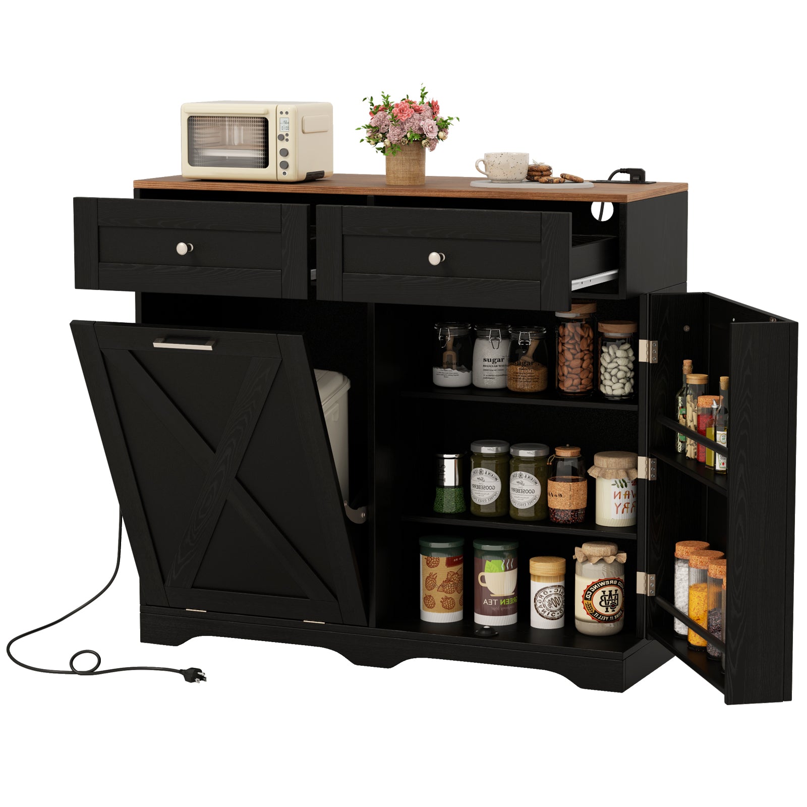 Tilt Out Trash Can Cabinet with Outlets and Adjustable Shelf, Black Sideboards Cabinets & Buffets Black at Gallery Canada