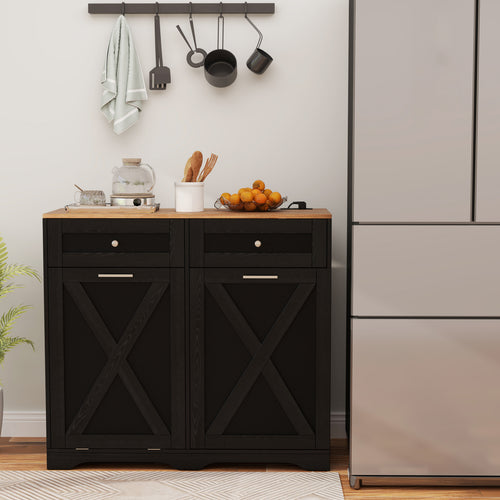 Tilt Out Trash Can Cabinet with Outlets and Adjustable Shelf, Black