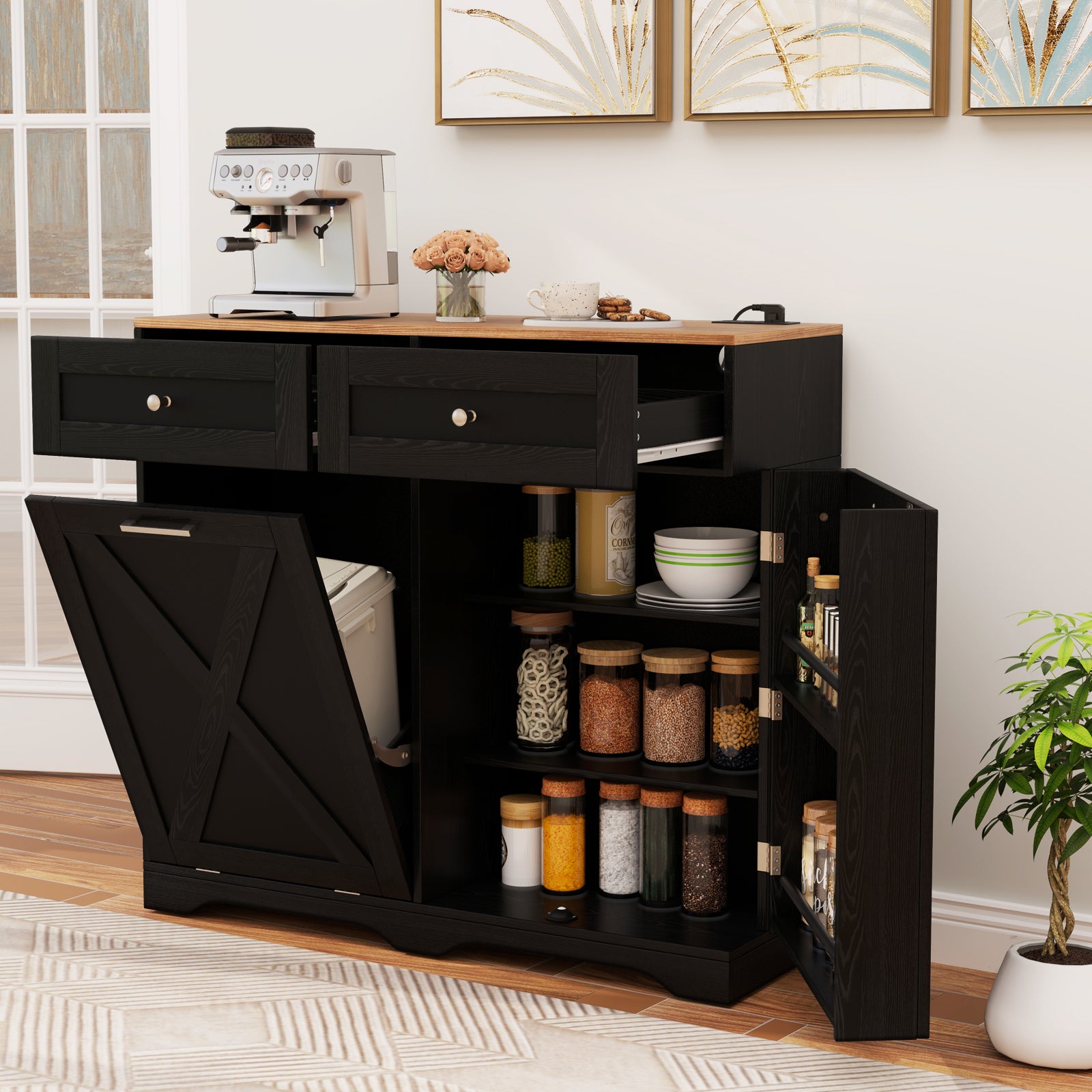 Tilt Out Trash Can Cabinet with Outlets and Adjustable Shelf, Black Sideboards Cabinets & Buffets at Gallery Canada
