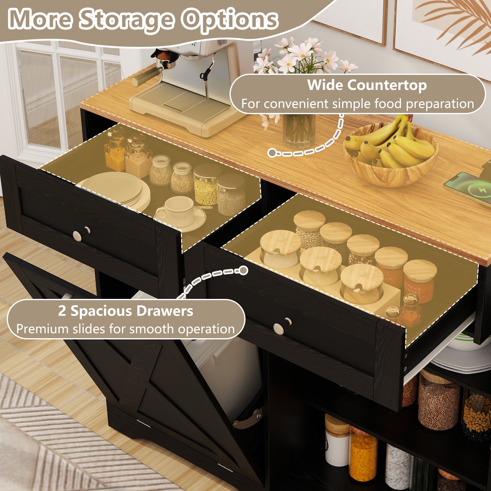 Tilt Out Trash Can Cabinet with Outlets and Adjustable Shelf, Black Sideboards Cabinets & Buffets at Gallery Canada