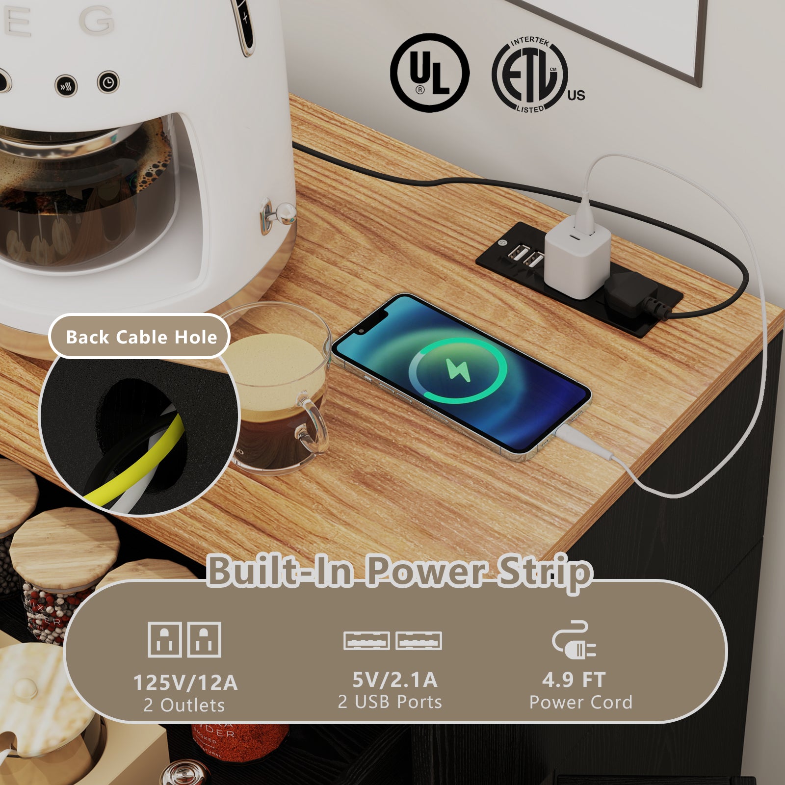 Tilt Out Trash Can Cabinet with Outlets and Adjustable Shelf, Black Sideboards Cabinets & Buffets at Gallery Canada