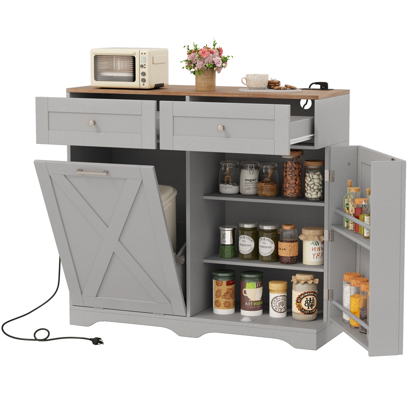 Tilt Out Trash Can Cabinet with Outlets and Adjustable Shelf, Gray Sideboards Cabinets & Buffets at Gallery Canada