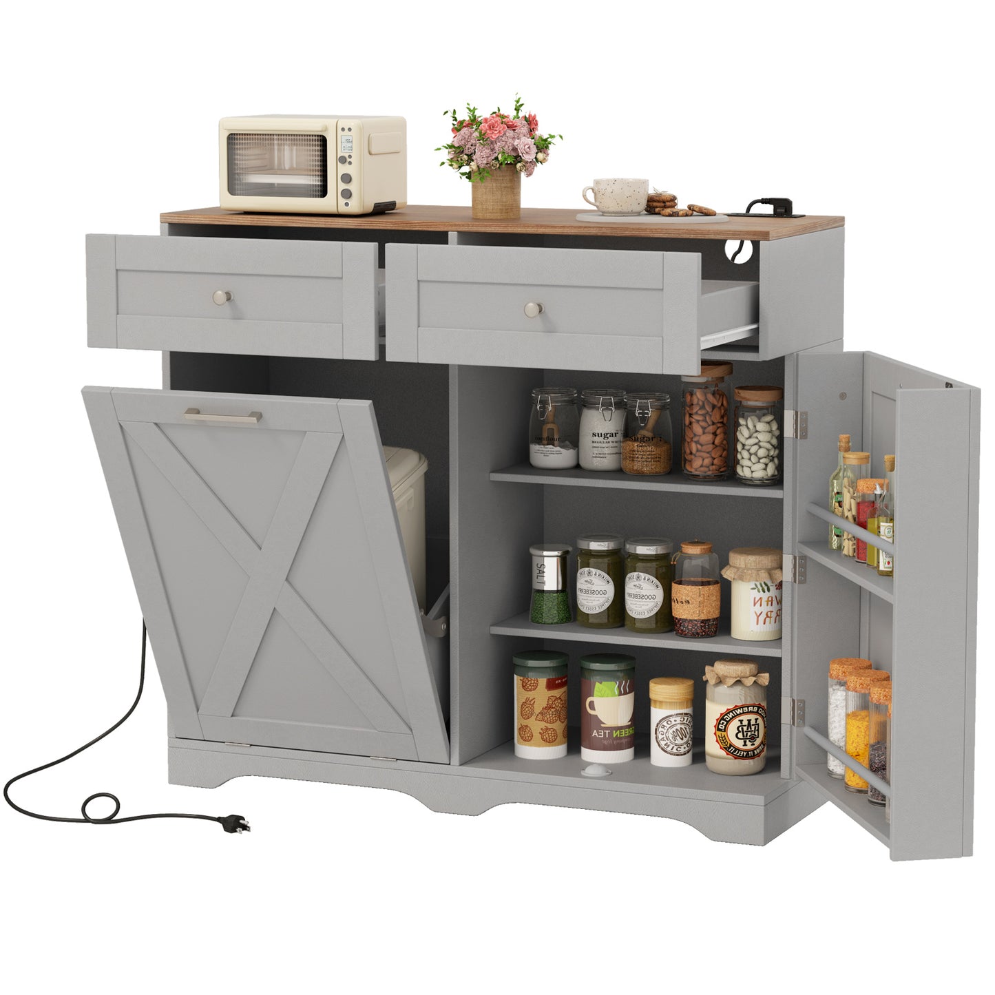Tilt Out Trash Can Cabinet with Outlets and Adjustable Shelf, Gray Sideboards Cabinets & Buffets at Gallery Canada
