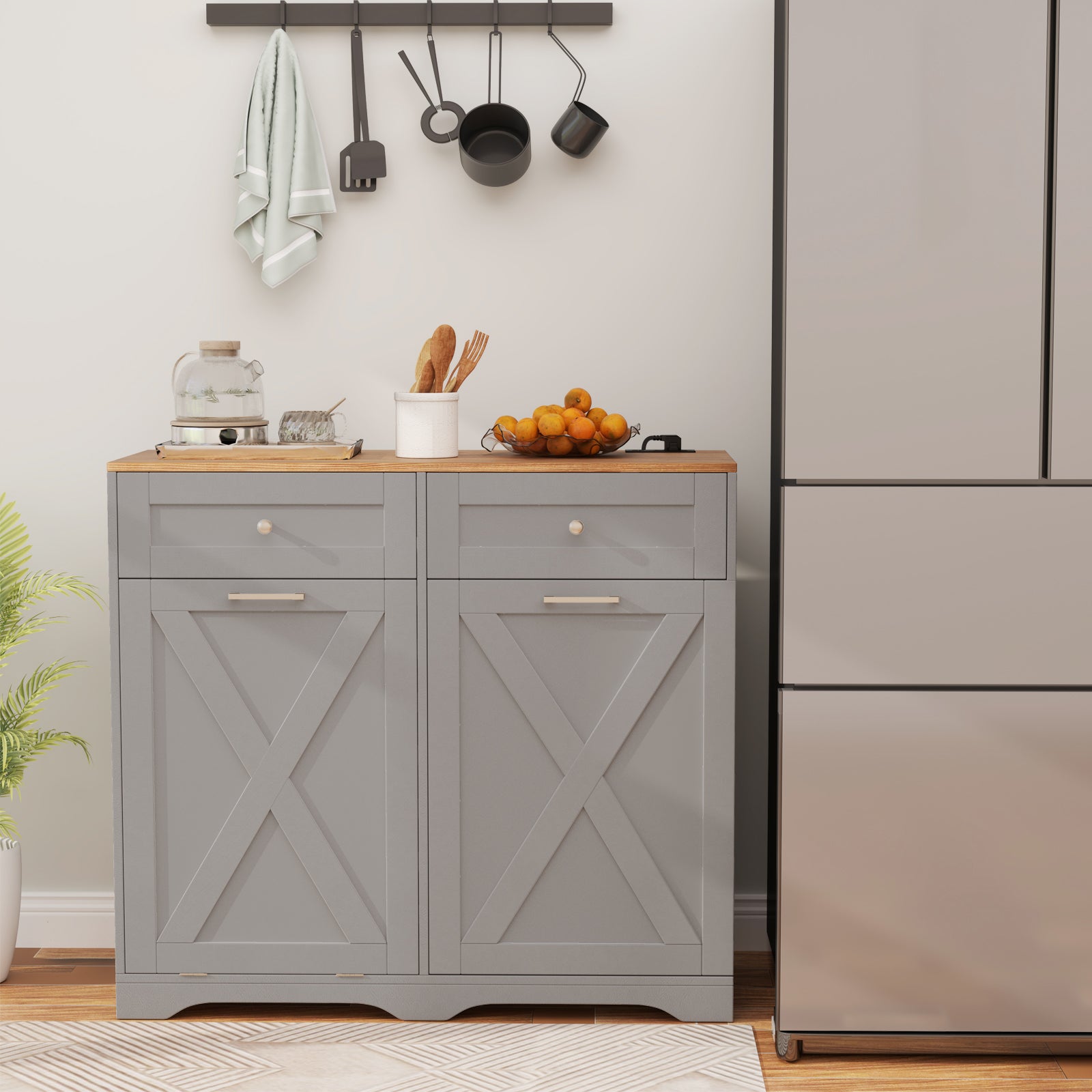 Tilt Out Trash Can Cabinet with Outlets and Adjustable Shelf, Gray Sideboards Cabinets & Buffets at Gallery Canada