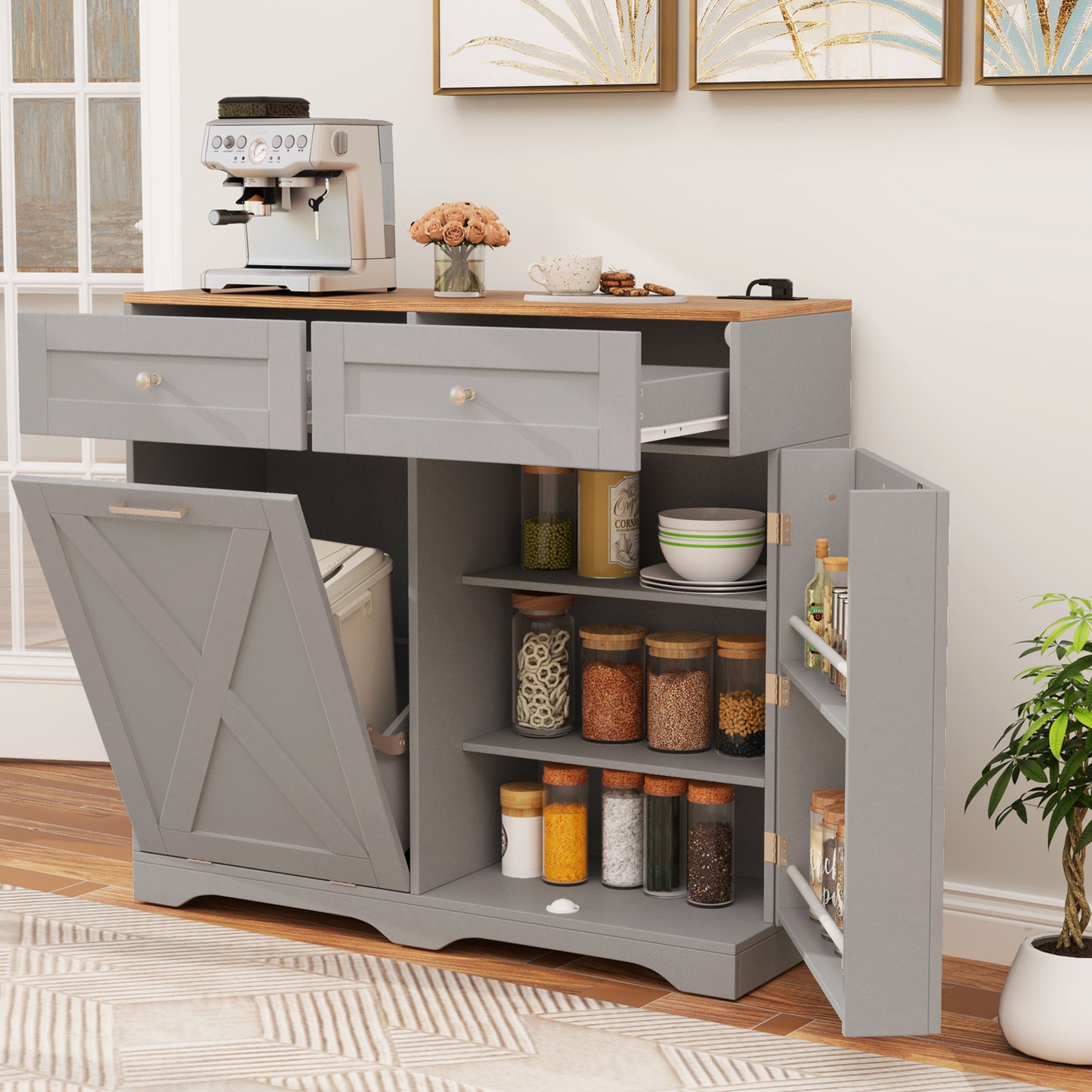 Tilt Out Trash Can Cabinet with Outlets and Adjustable Shelf, Gray Sideboards Cabinets & Buffets at Gallery Canada