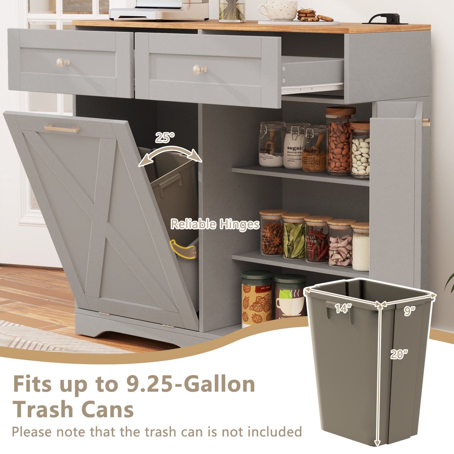 Tilt Out Trash Can Cabinet with Outlets and Adjustable Shelf, Gray Sideboards Cabinets & Buffets at Gallery Canada