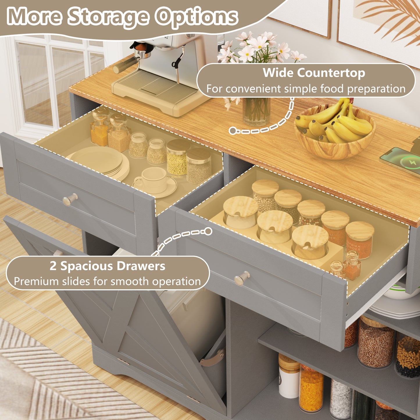 Tilt Out Trash Can Cabinet with Outlets and Adjustable Shelf, Gray Sideboards Cabinets & Buffets at Gallery Canada