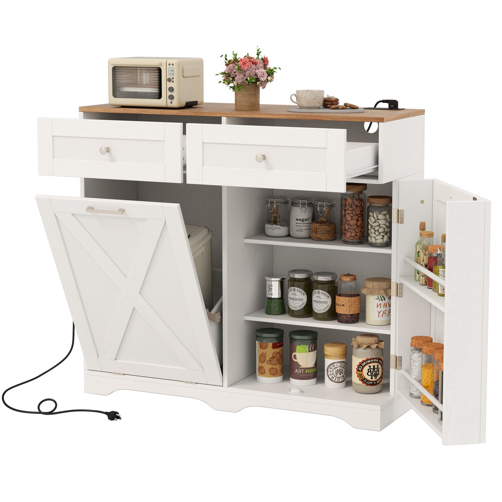 Tilt Out Trash Can Cabinet With Outlets, Adjustable Shelf, White Sideboards Cabinets & Buffets at Gallery Canada