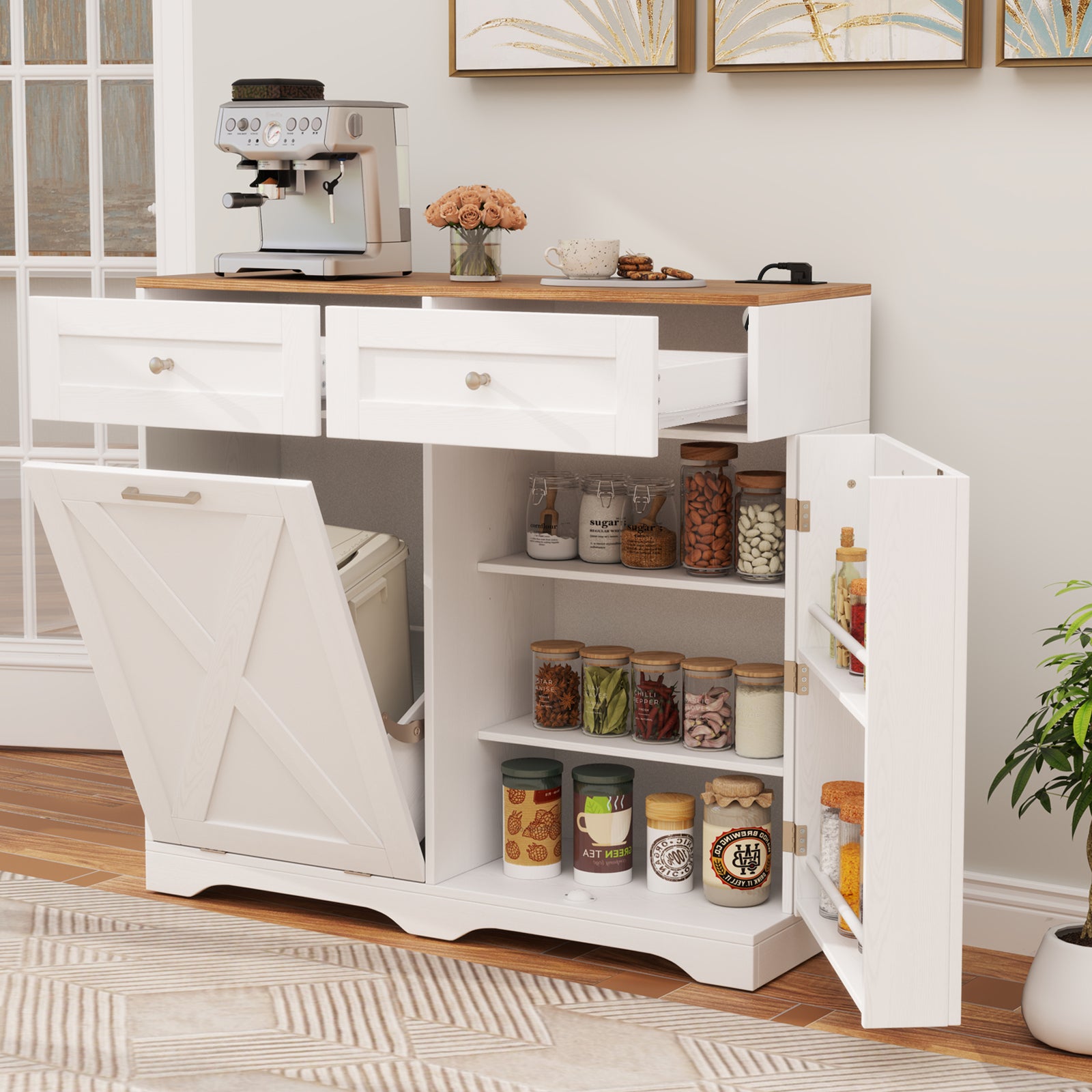 Tilt Out Trash Can Cabinet with Outlets and Adjustable Shelf, White Sideboards Cabinets & Buffets at Gallery Canada