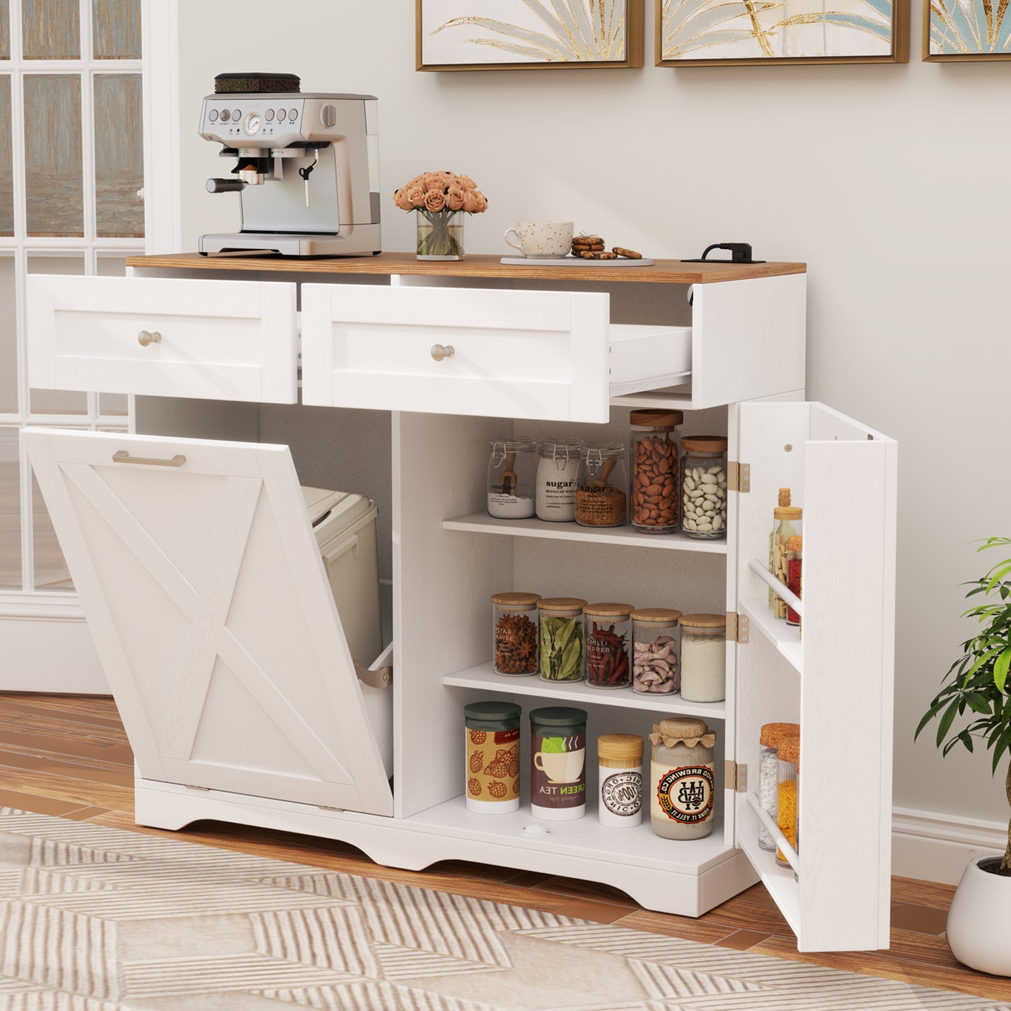 Tilt Out Trash Can Cabinet with Outlets and Adjustable Shelf, White Sideboards Cabinets & Buffets at Gallery Canada