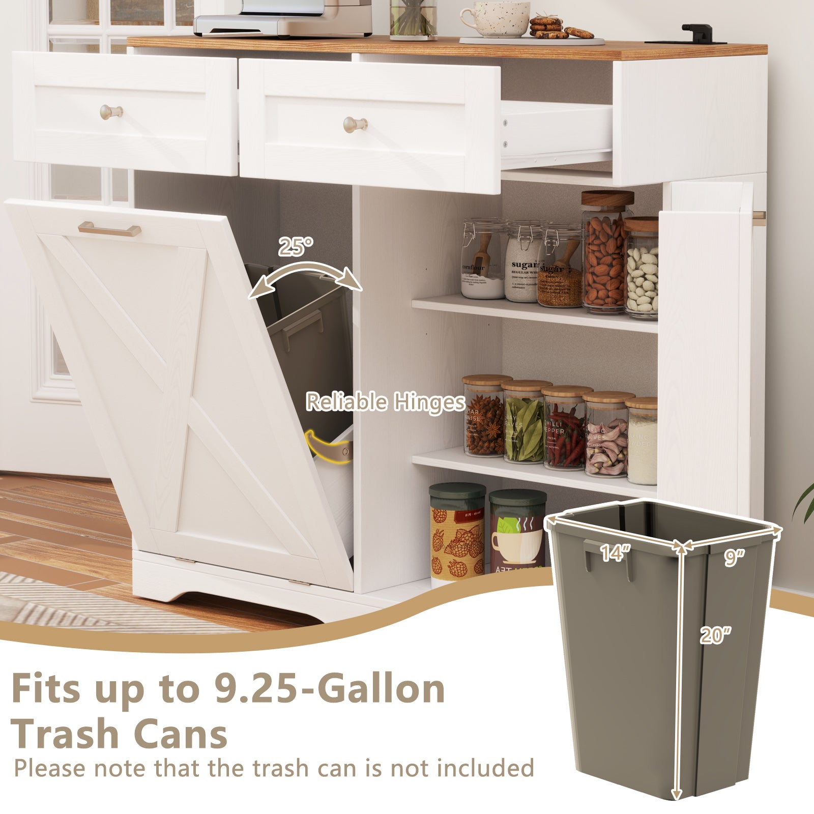 Tilt Out Trash Can Cabinet with Outlets and Adjustable Shelf, White Sideboards Cabinets & Buffets at Gallery Canada