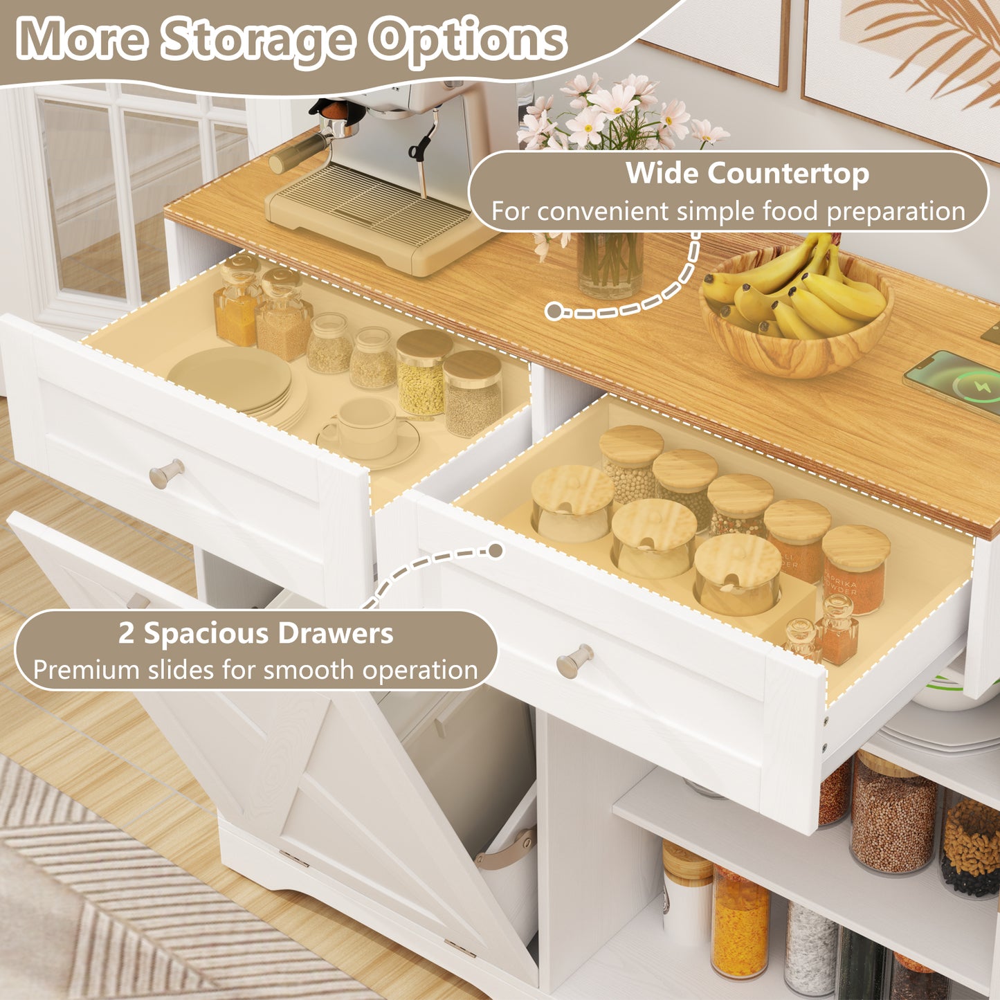 Tilt Out Trash Can Cabinet with Outlets and Adjustable Shelf, White Sideboards Cabinets & Buffets at Gallery Canada