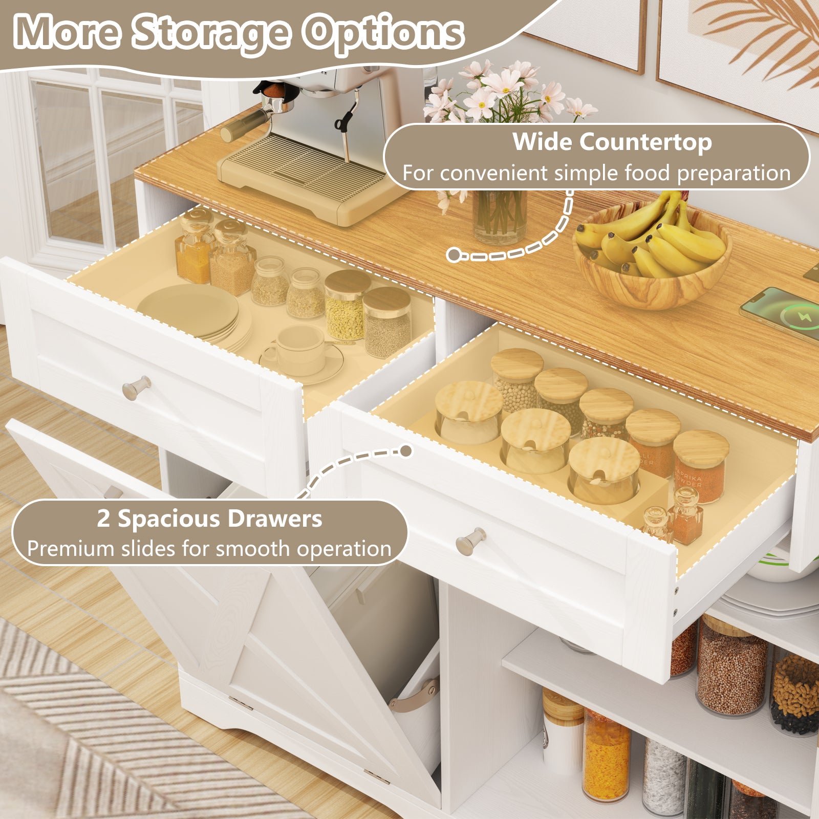 Tilt Out Trash Can Cabinet with Outlets and Adjustable Shelf, White Sideboards Cabinets & Buffets at Gallery Canada