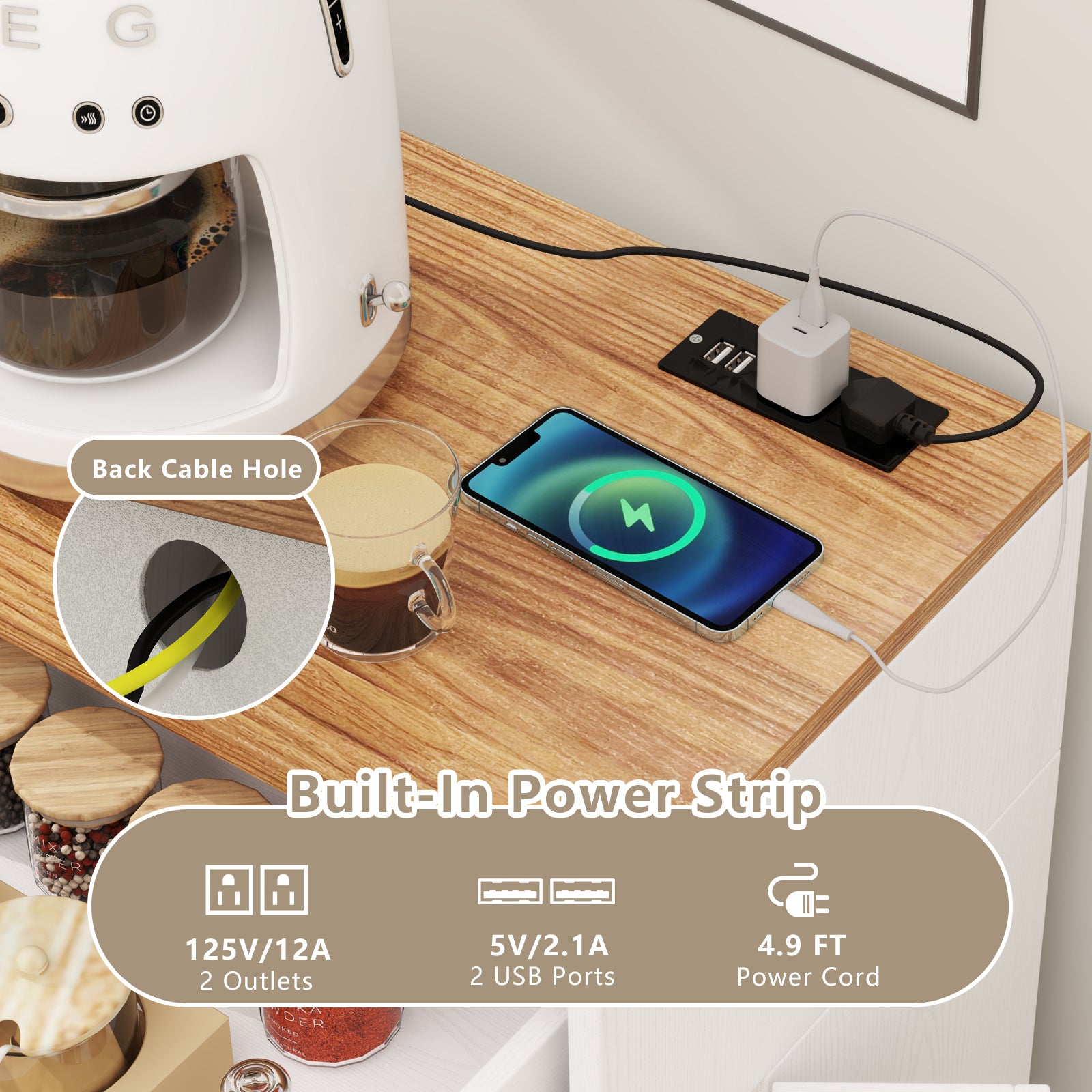 Tilt Out Trash Can Cabinet with Outlets and Adjustable Shelf, White Sideboards Cabinets & Buffets at Gallery Canada