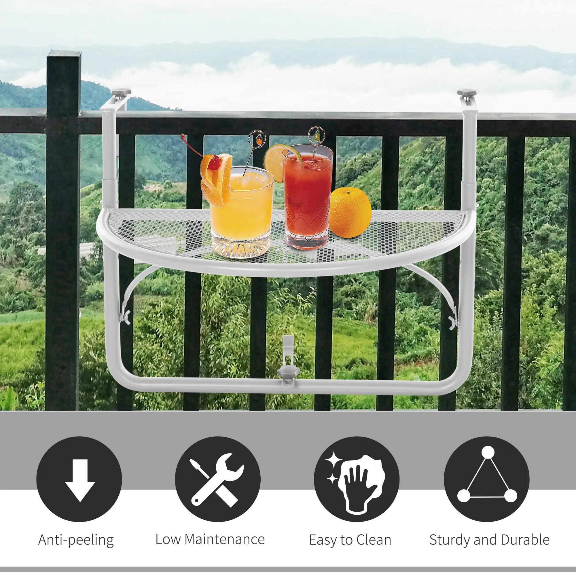 Adjustable Balcony Hanging Table, Metal Wall Desk, Outdoor Flower Stand, Half Round, White Balcony Table Hanging at Gallery Canada