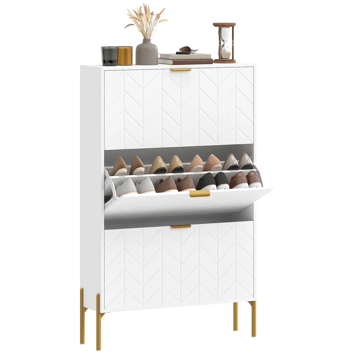 Shoe Cabinet, 3 Flip Drawers, Adjustable Shelves, White Shoe Storage Cabinets & Racks White, Gold at Gallery Canada