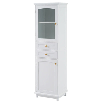 Bathroom Storage Cabinet, Glass Doors, Adjustable Shelves, 18" L x 14" W x 63" H, White Bathroom Cabinets at Gallery Canada