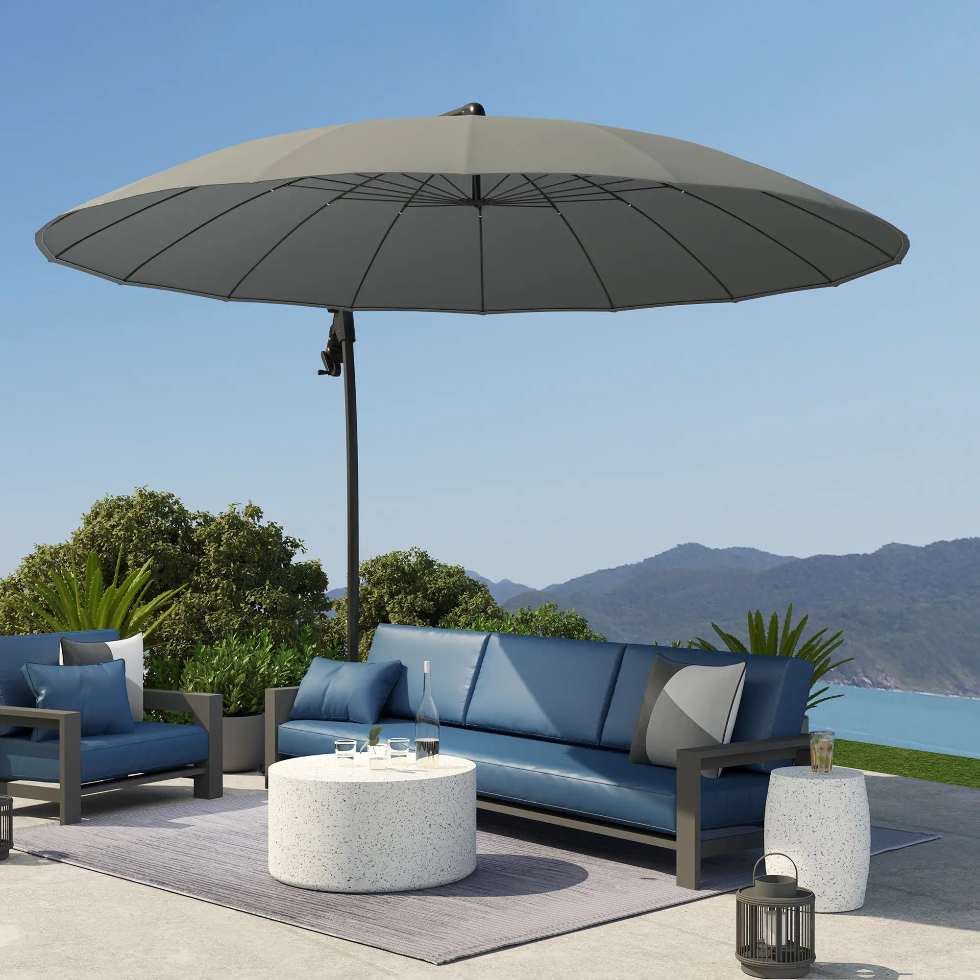 9FT Cantilever Umbrella, 16 Fibreglass Ribs, Offset Hanging, Grey Offset Cantilever Umbrellas at Gallery Canada