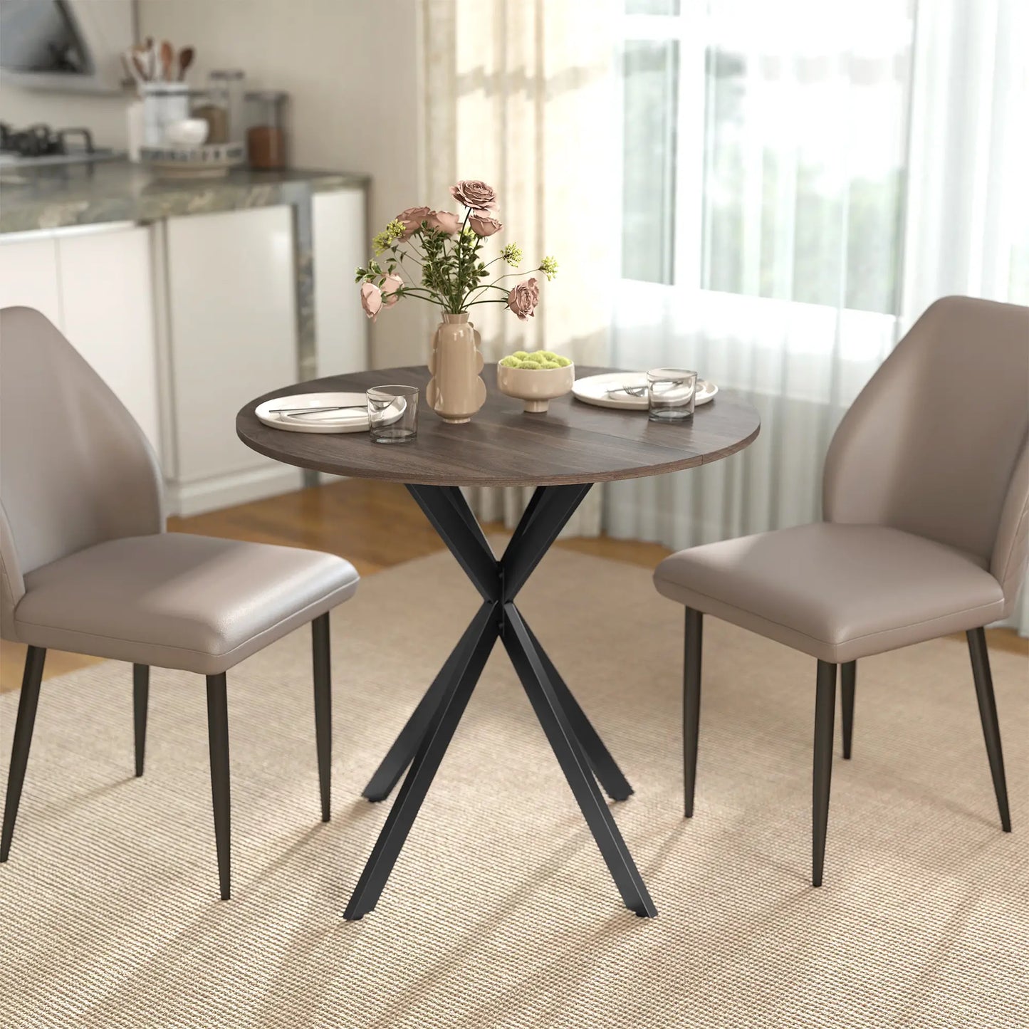 31.5" Industrial Round Dining Table, Distressed Dark Brown, Dark Brown Dining Tables at Gallery Canada