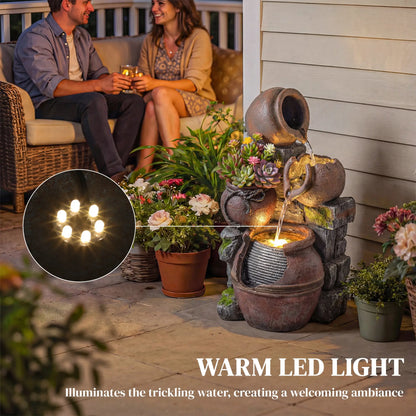 Outdoor Fountain, 4-Tier Rustic Pot, Cascading Rock Waterfall, LED Lights, Adjustable Flow Water Fountains at Gallery Canada