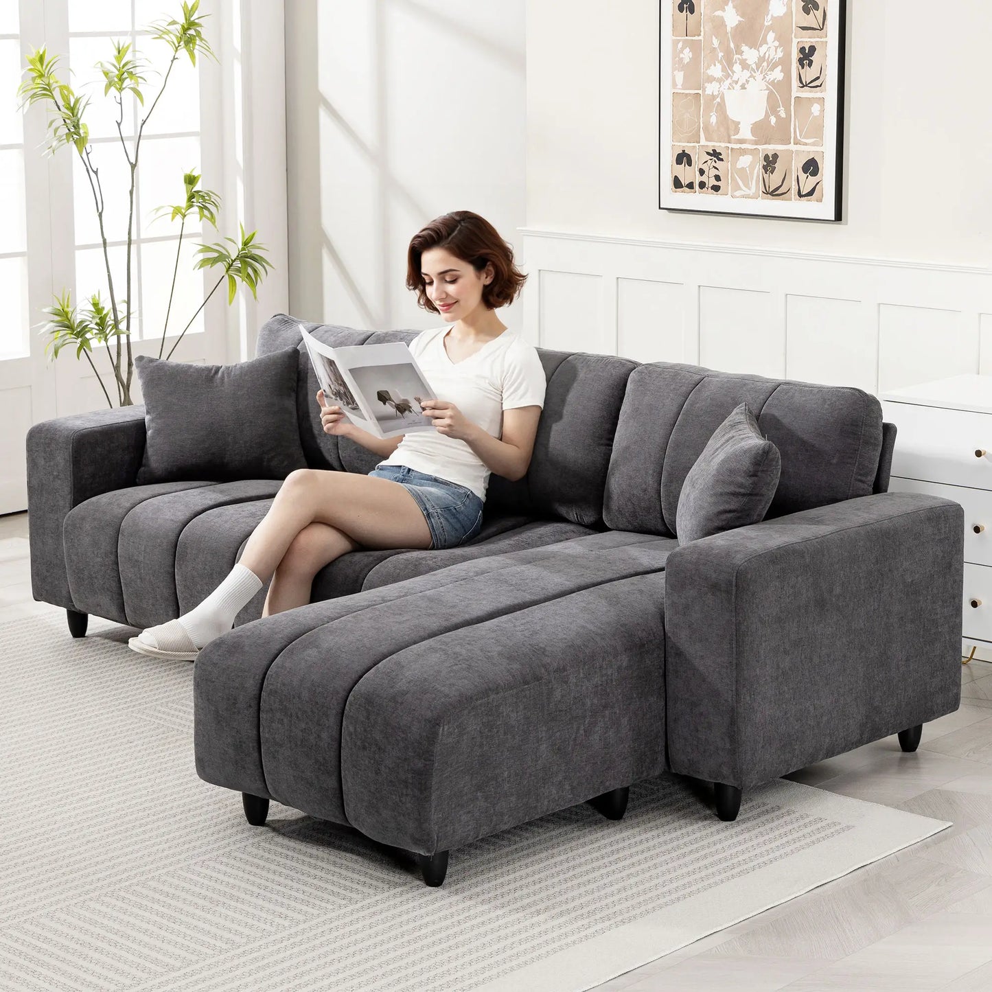 Canapé d'angle 3 places avec méridienne, coussin à ressorts, gris