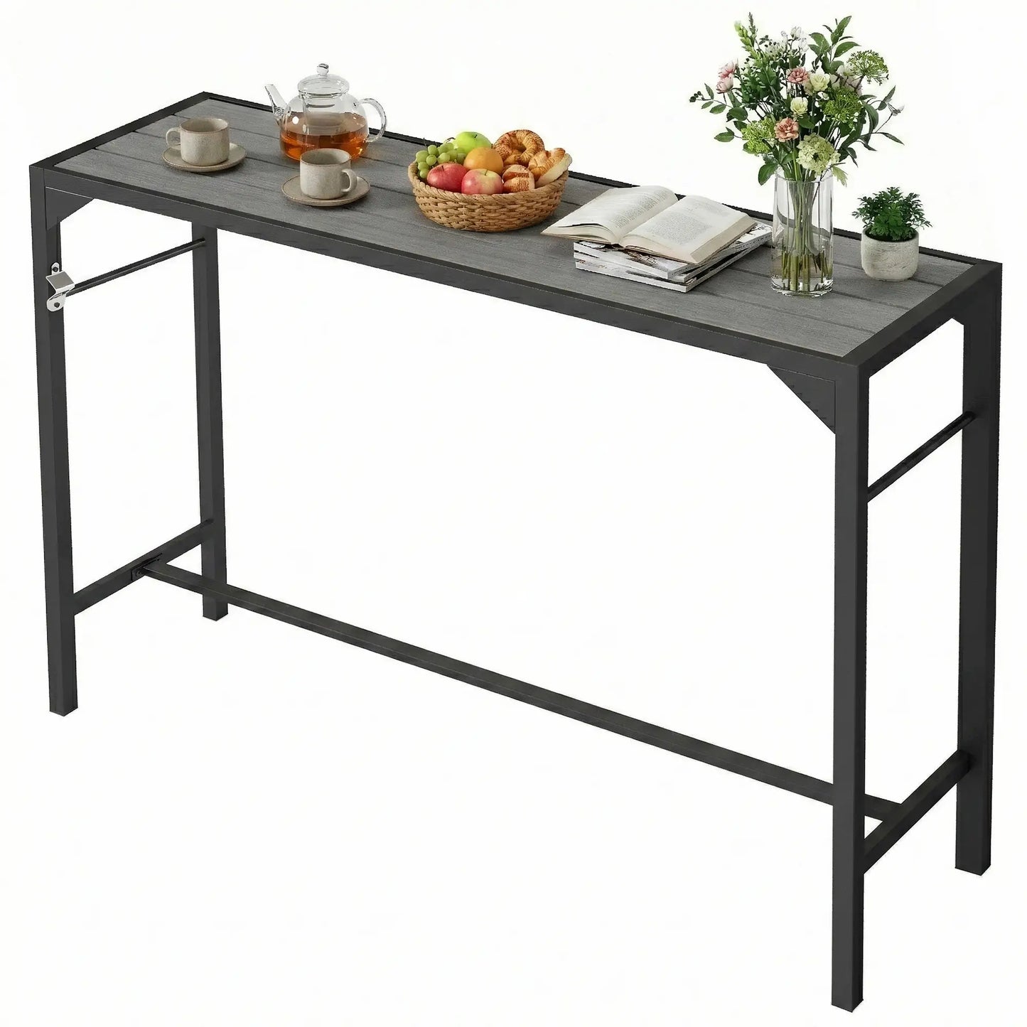 Outdoor Bar Table With Bottle Opener, Wood Grain Plastic Top, 55" x 15" x 39" Patio Dining Tables Light Grey, Black at Gallery Canada