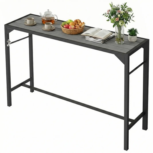 Outdoor Bar Table With Bottle Opener, Wood Grain Plastic Top, 55" x 15" x 39" Patio Dining Tables Light Grey, Black at Gallery Canada