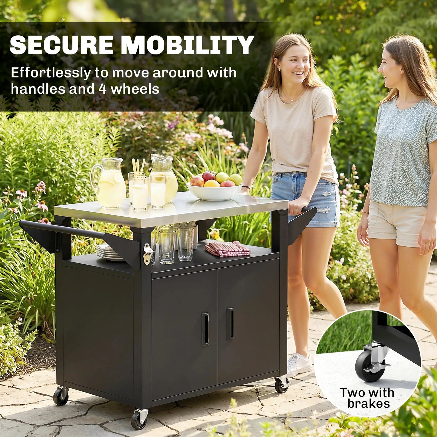 Outdoor Grill Cart, Stainless Steel Tabletop, 3-Shelf Pizza Oven Stand, Storage Cabinet, Wheels, Black Outdoor Grill Carts at Gallery Canada