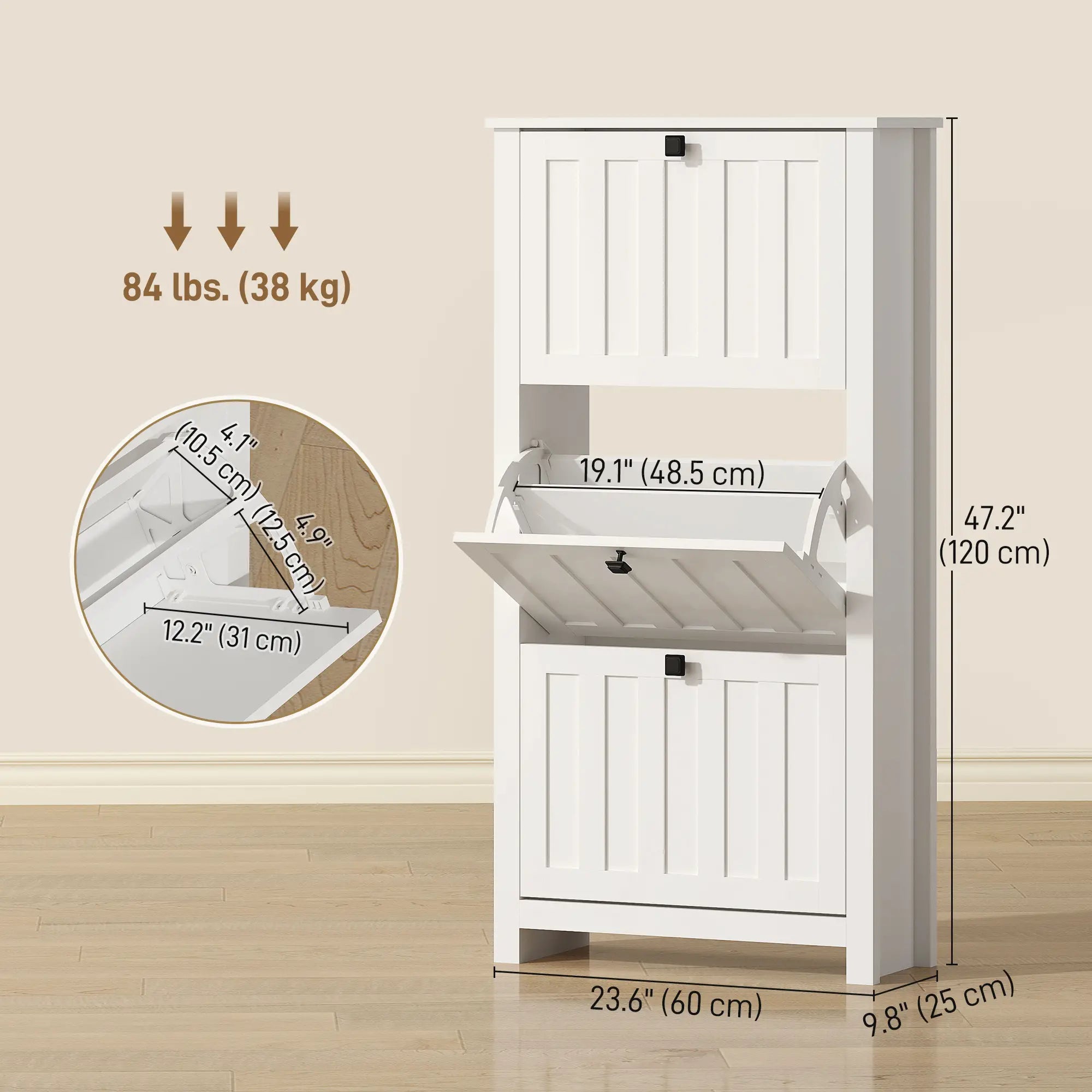 Slim Shoe Cabinet, 3 Flip Drawers, Adjustable Shelves, Holds 12 Pairs, White Shoe Storage Cabinets & Racks at Gallery Canada