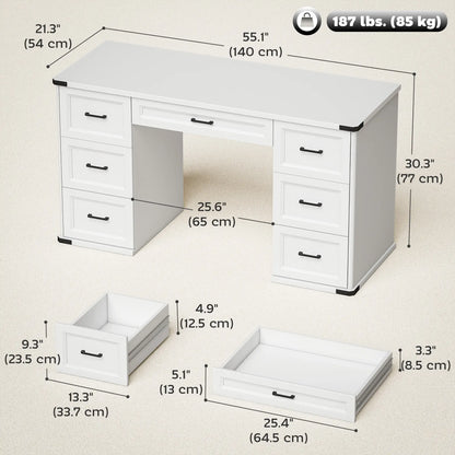 55" Computer Desk With 7 Drawers, Farmhouse Executive Desk, White Wood Grain Computer Desks at Gallery Canada