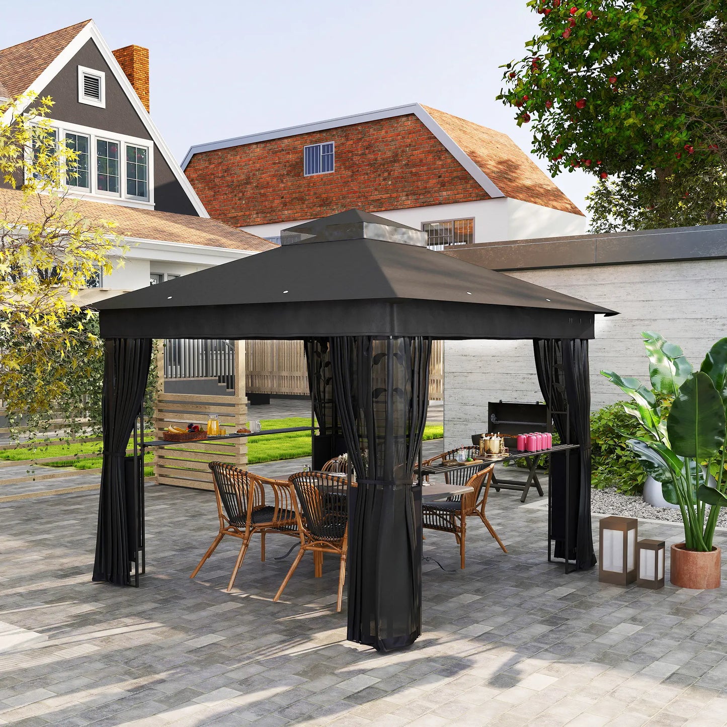 10' x 10' Outdoor Gazebo, UV30+ Double Roof, with Shelves and Netting Gazebos at Gallery Canada
