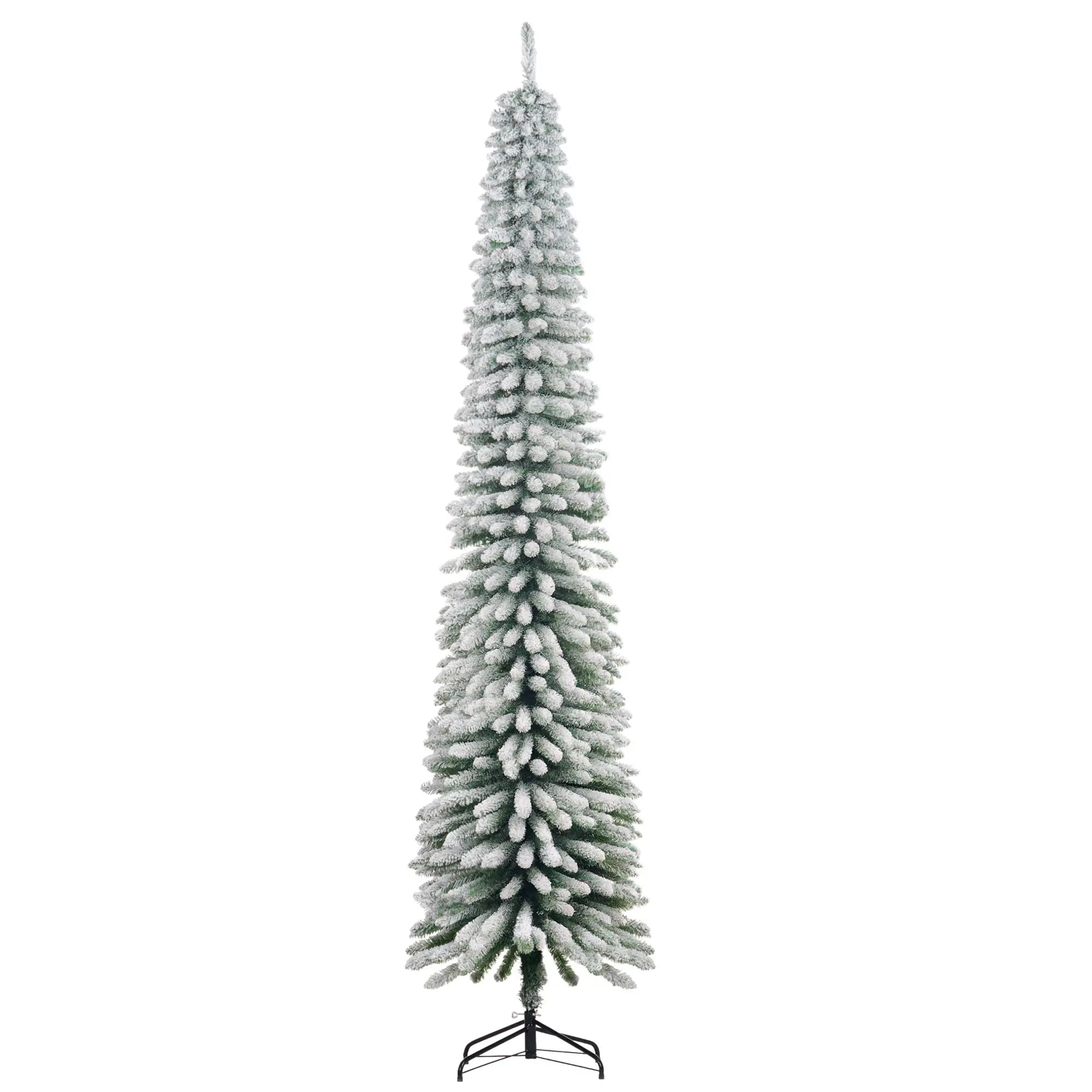 9ft Snow-Flocked Artificial Christmas Tree, Slim Pencil, Metal Base, Green Flocked Christmas Trees at Gallery Canada