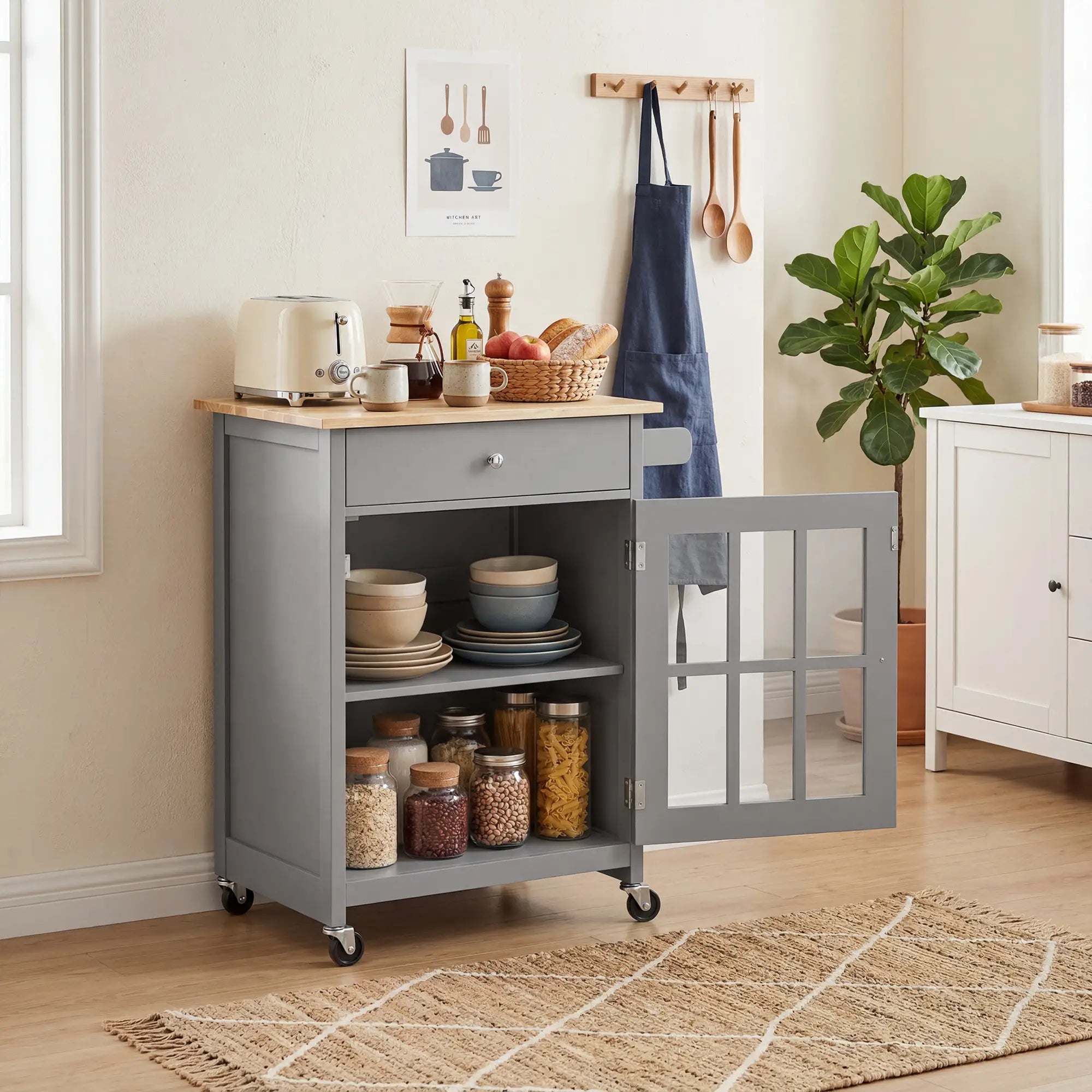 Rolling Kitchen Cart with Drawer and Glass Door Cabinet, Kitchen Island on Wheels with Towel Rack, Dark Grey Kitchen Islands & Kitchen Carts at Gallery Canada