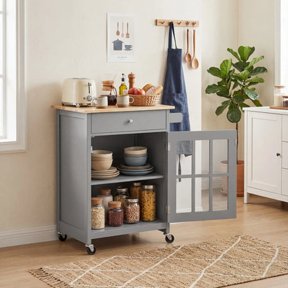 Rolling Kitchen Cart with Drawer and Glass Door Cabinet, Kitchen Island on Wheels with Towel Rack, Dark Grey Kitchen Islands & Kitchen Carts at Gallery Canada