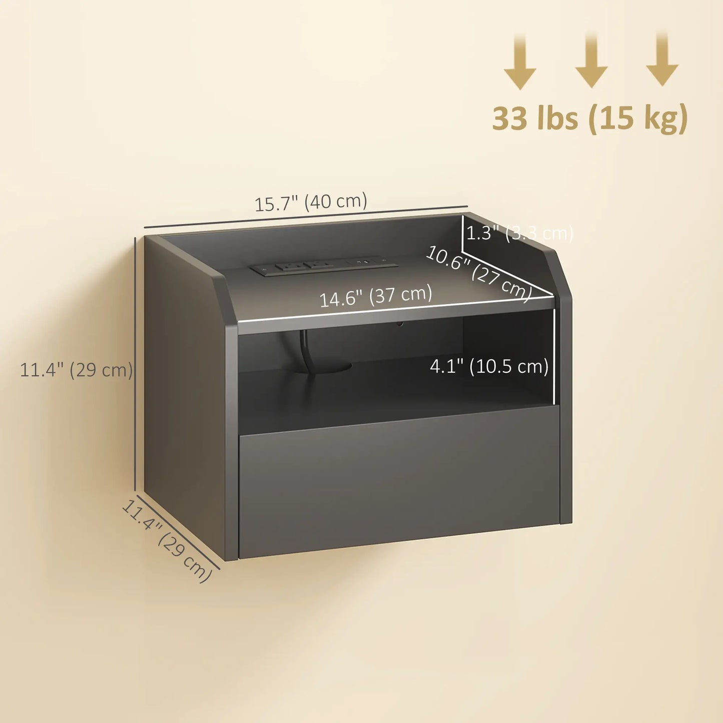 Wall Mounted Bedside Table, Set of 2 with Charging Station, Black Bedside Tables at Gallery Canada