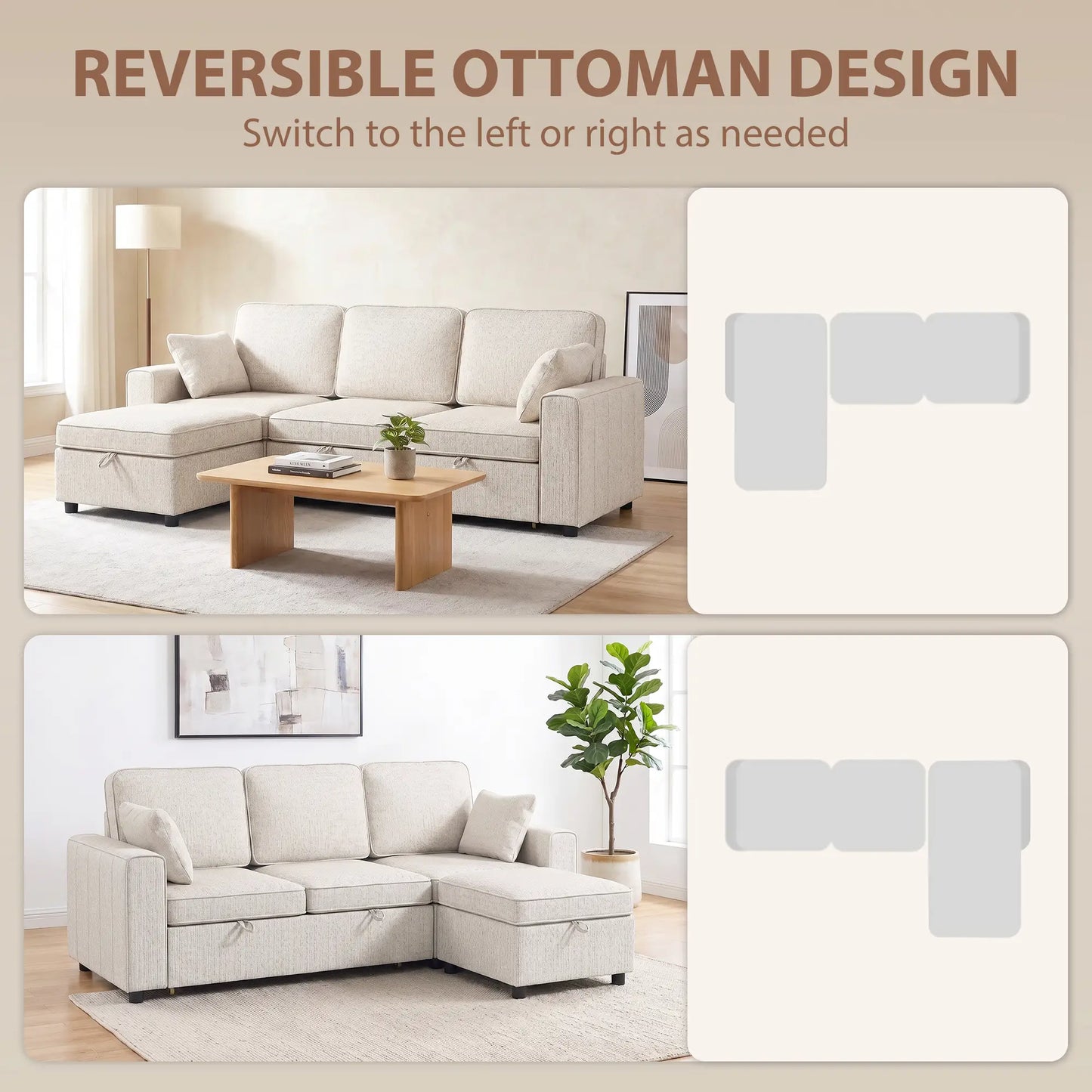 Modular Sectional Sofa Bed With Reversible Ottoman, Beige