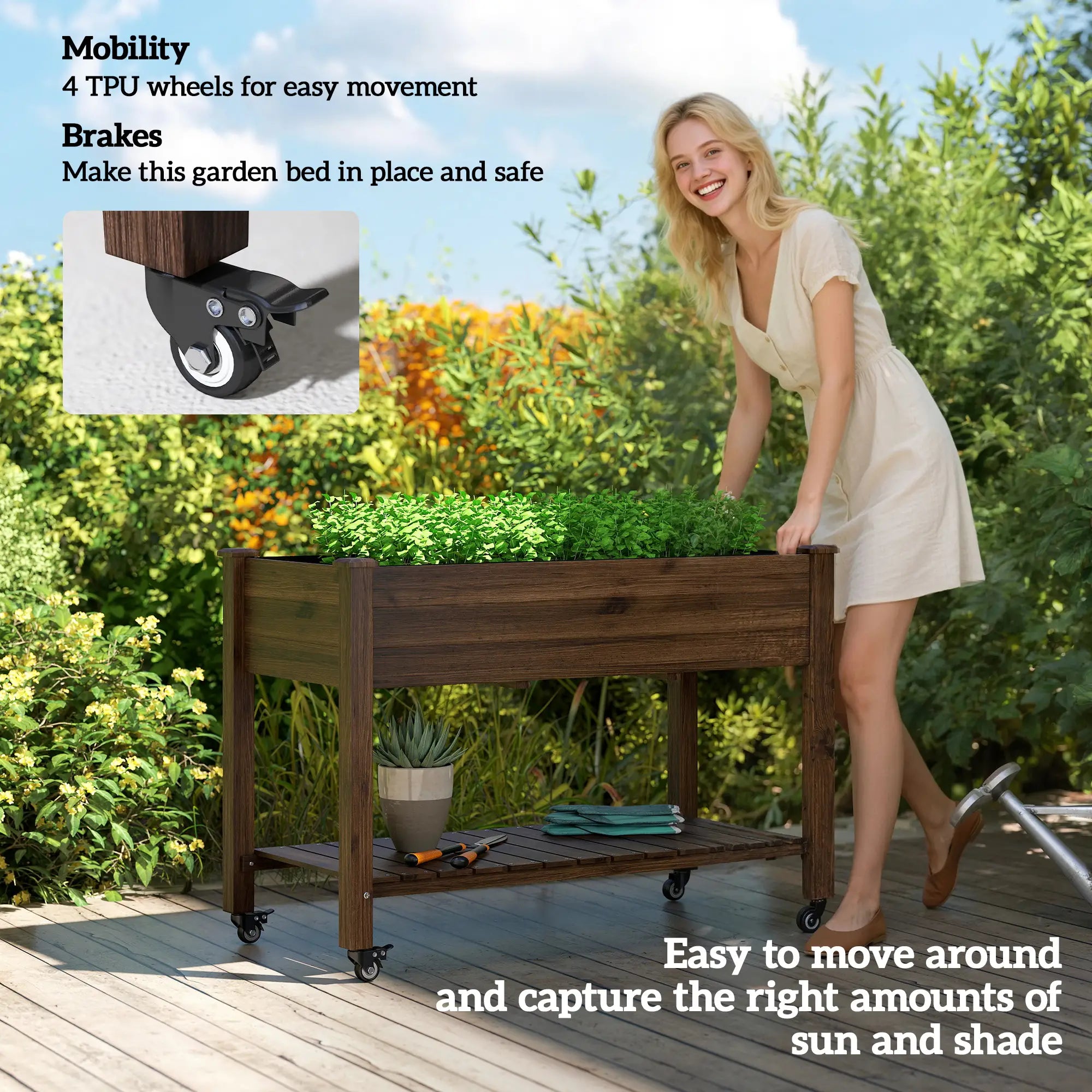 Mobile Raised Garden Bed, Elevated Wood Planter Box, Lockable Wheels, Storage Shelf, Carbonized Elevated Garden Beds at Gallery Canada