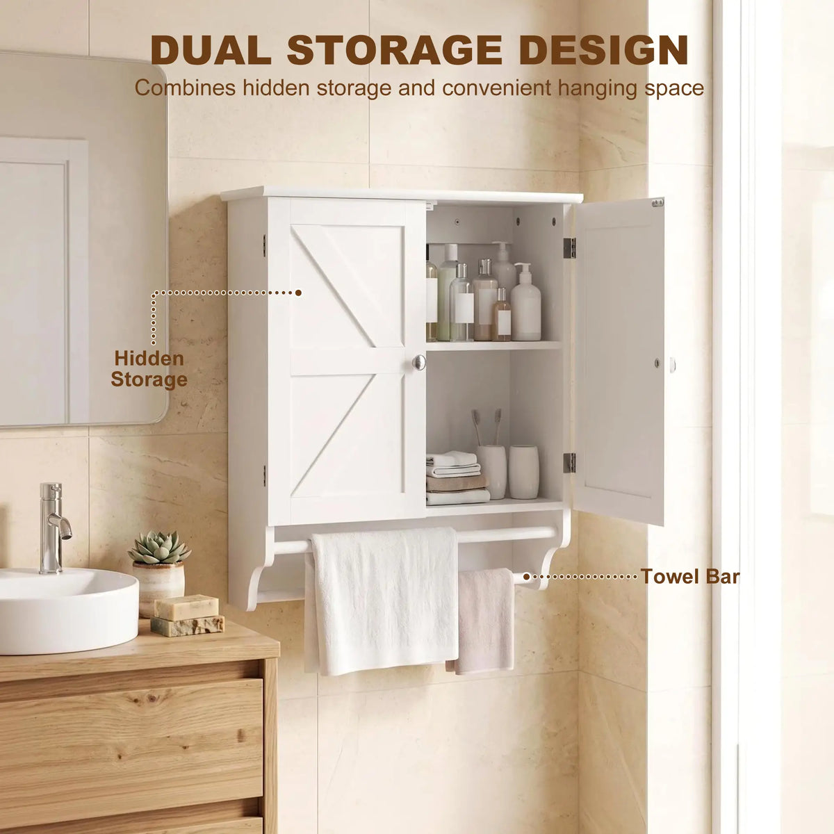 Bathroom Wall Cabinet with Adjustable Shelf, 2 Doors, Towel Racks, White